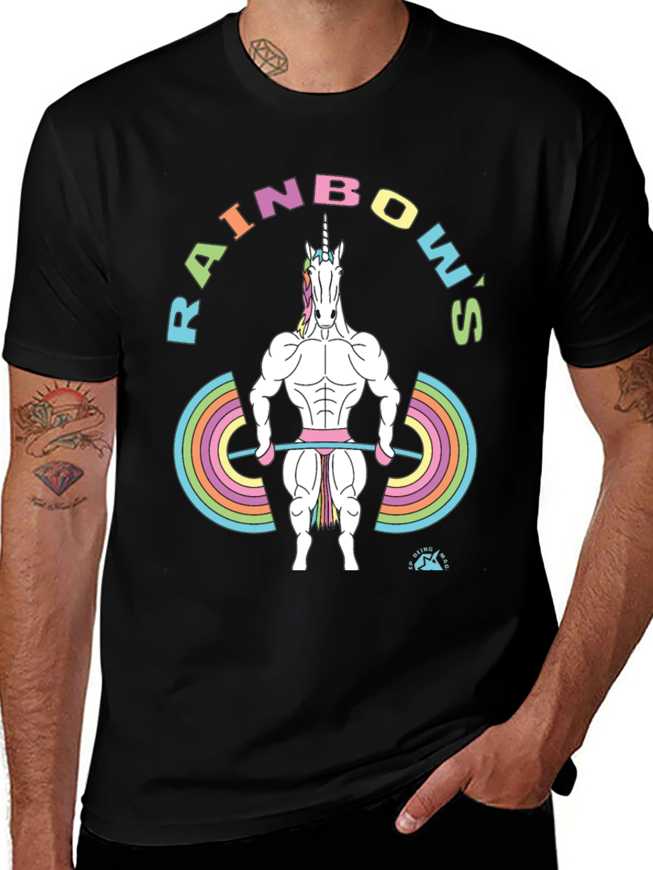 Rainbow Unicorn Weightlifter Black T-Shirt