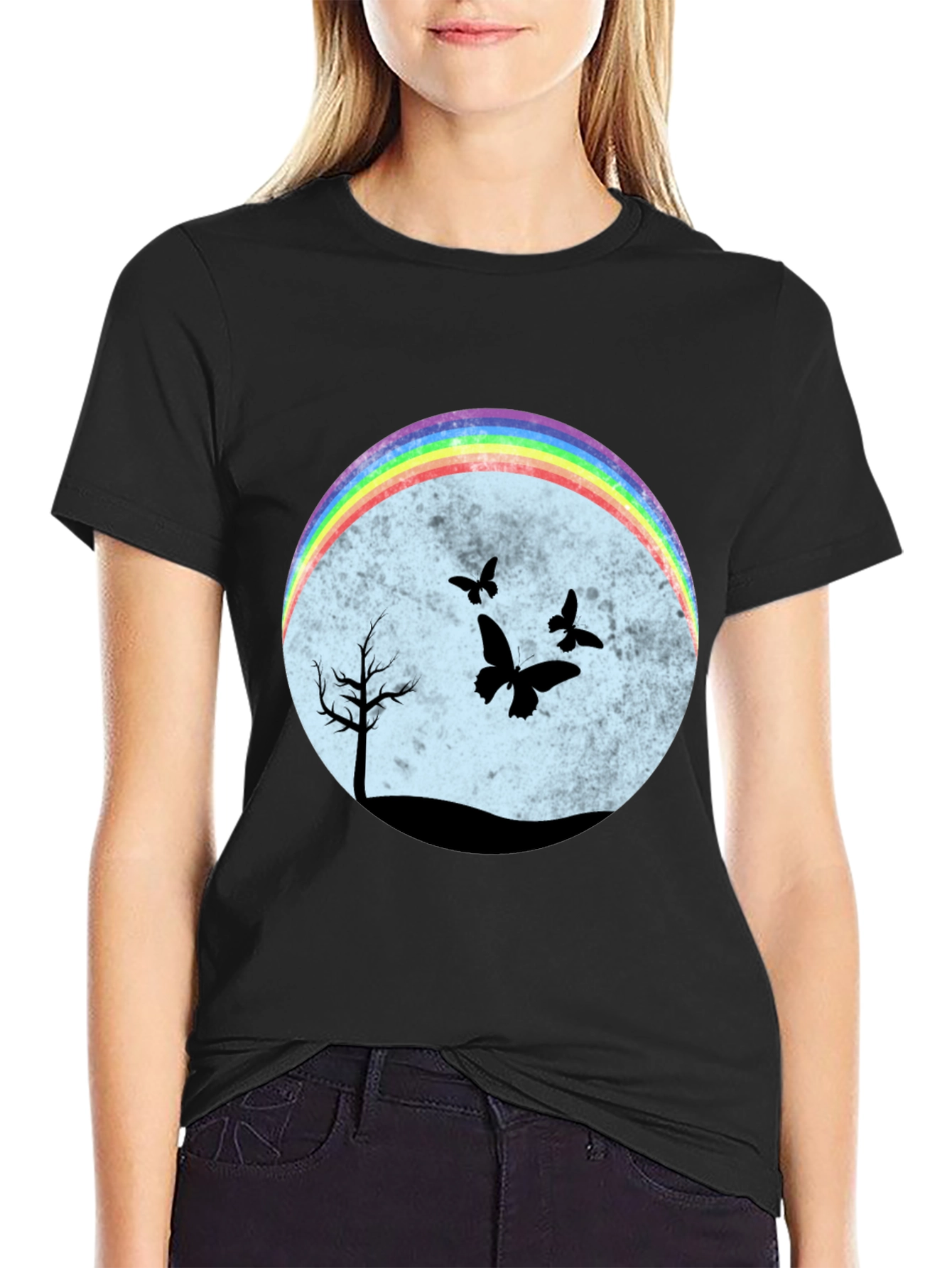 Rainbow Butterfly Scene Black T-Shirt