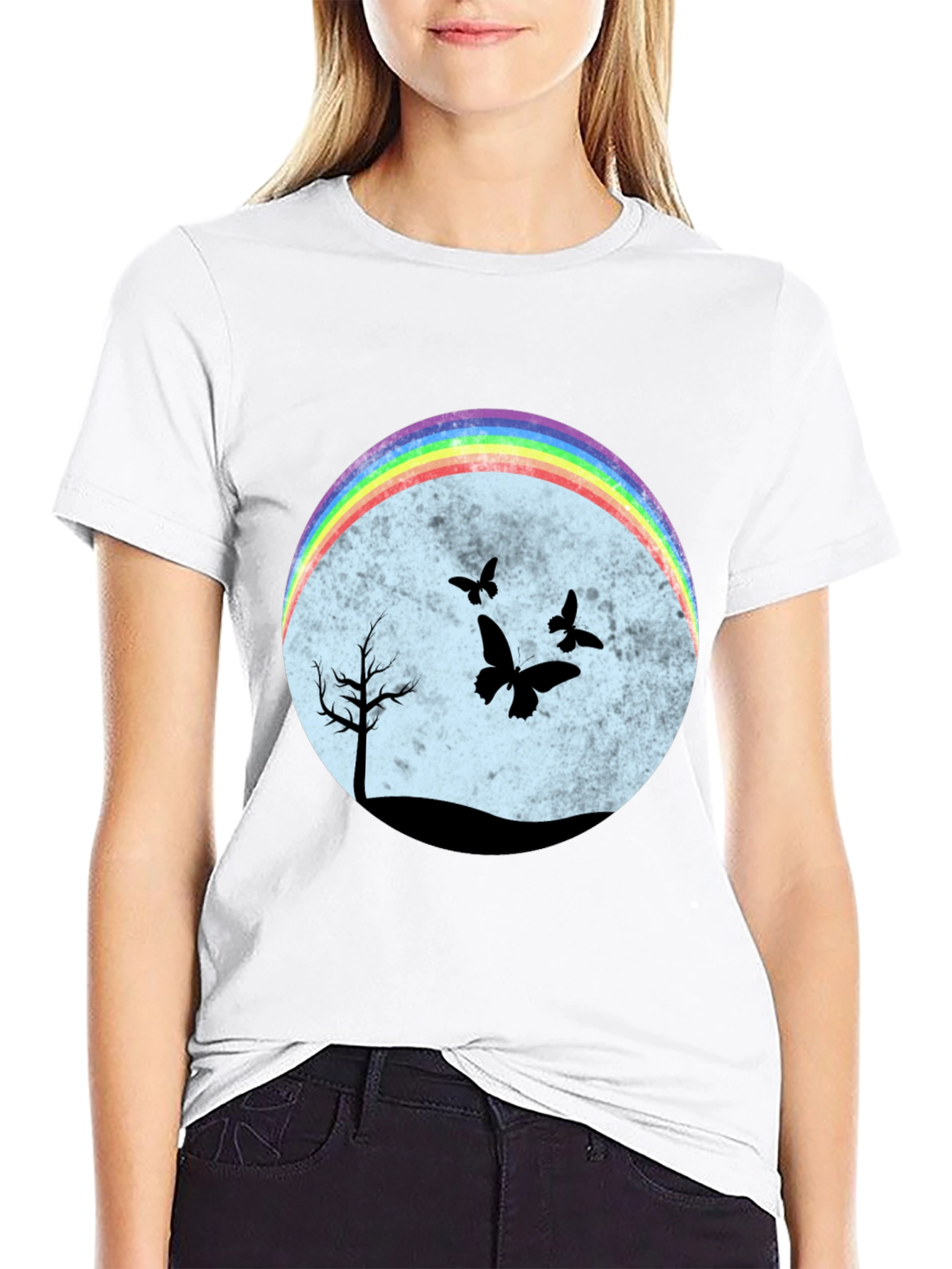 Rainbow Butterfly Scene Black T-Shirt