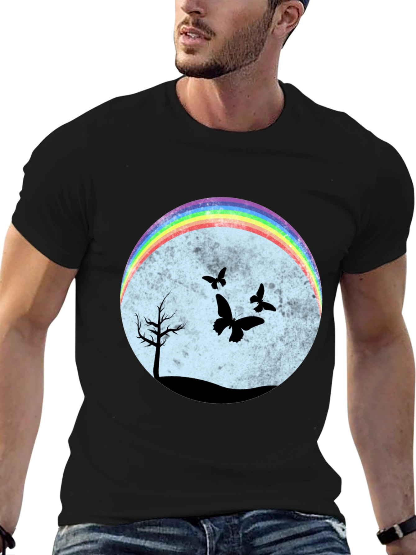 Rainbow Butterfly Scene Black T-Shirt