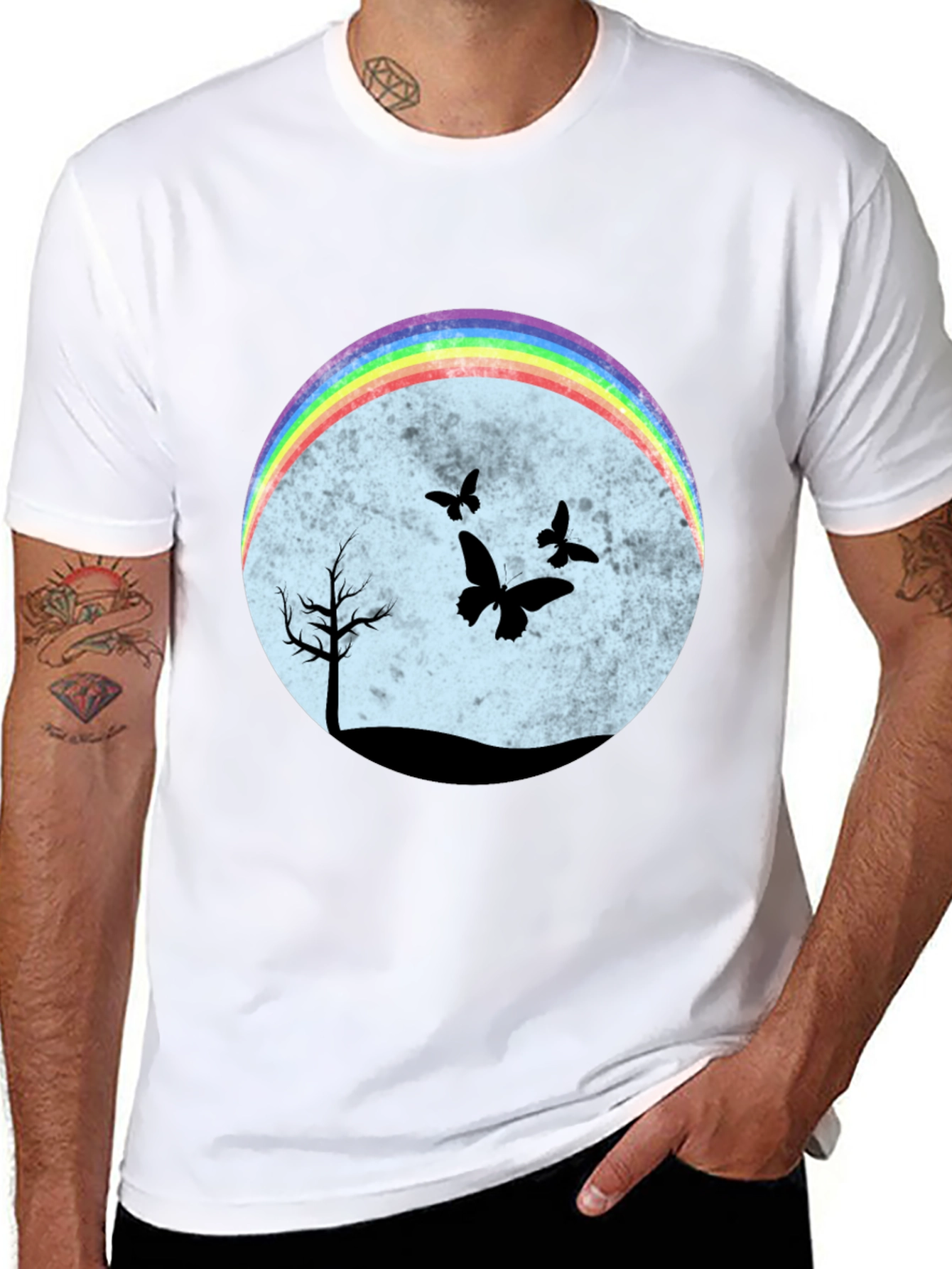 Rainbow Butterfly Scene Black T-Shirt