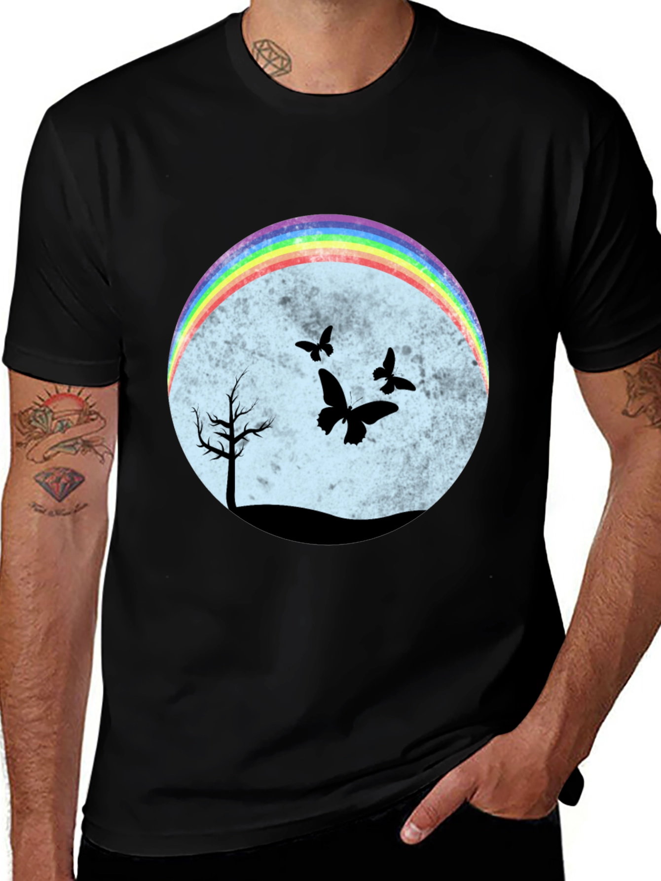 Rainbow Butterfly Scene Black T-Shirt