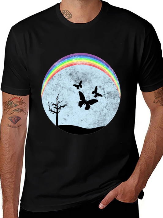 Rainbow Butterfly Scene Black T-Shirt