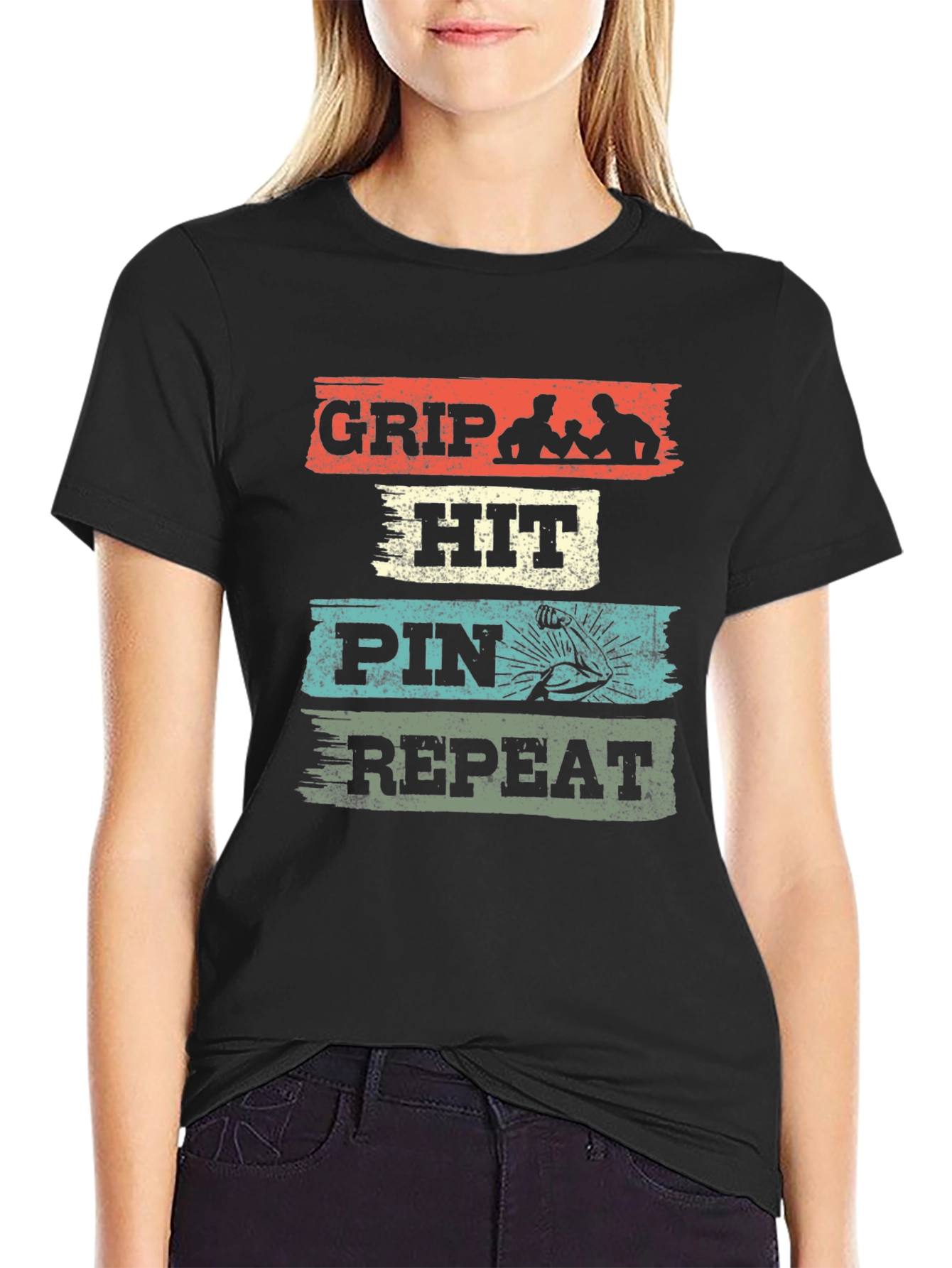 Grip Hit Pin Repeat Arm Wrestling Graphic Tee