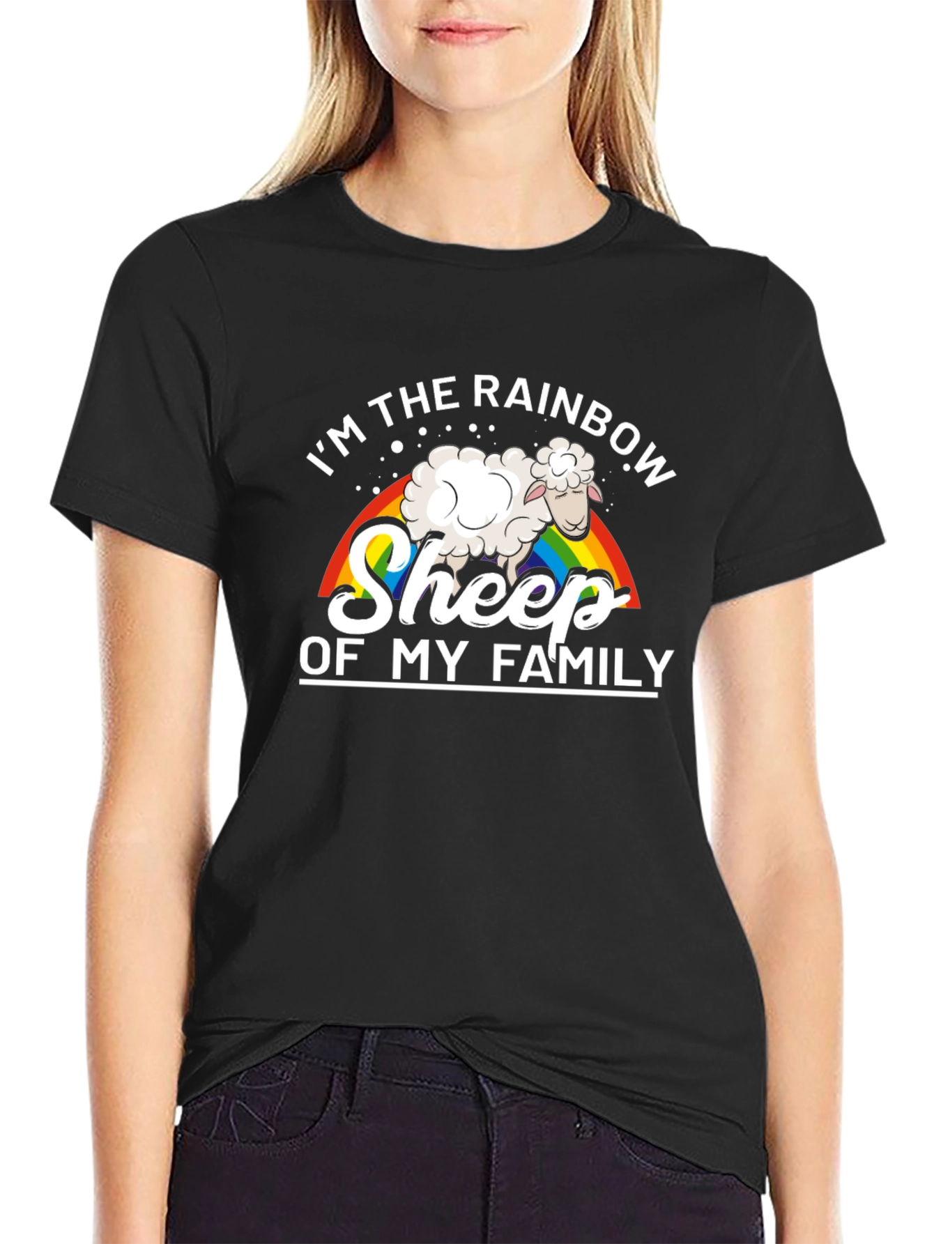 Rainbow Sheep Family Black T-Shirt