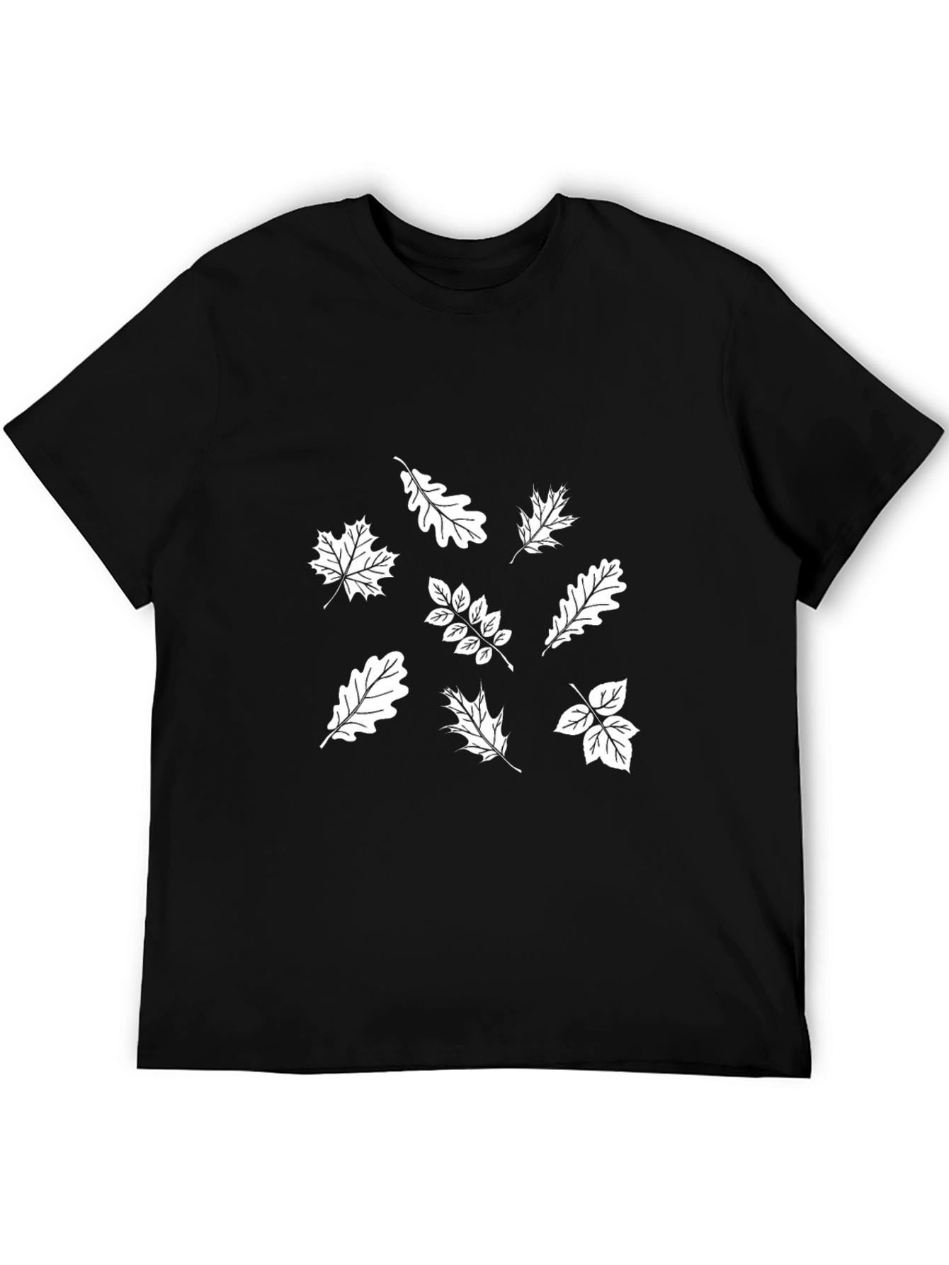 Mens Black T-Shirt with White Leaves Print