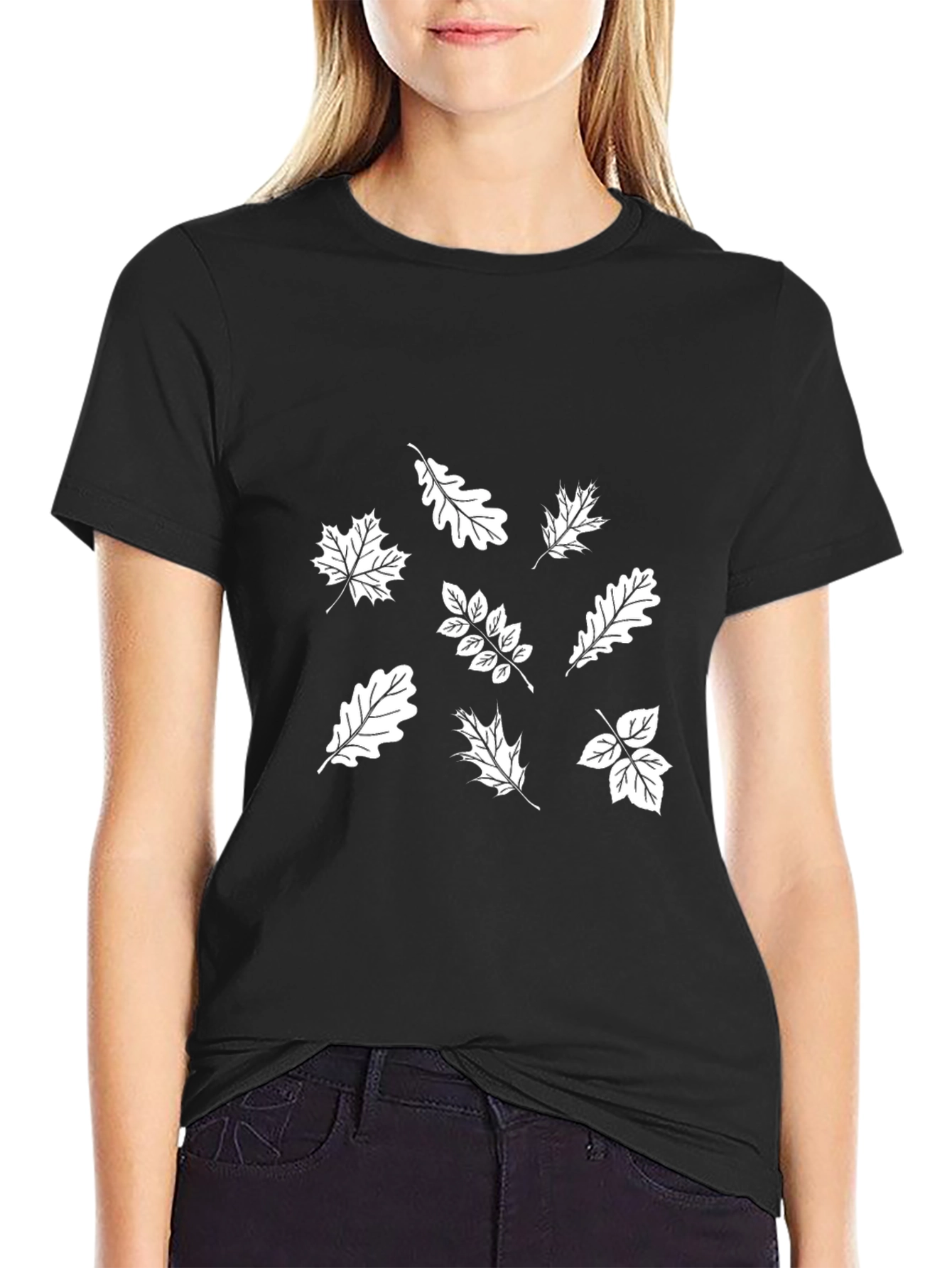 Mens Black T-Shirt with White Leaves Print