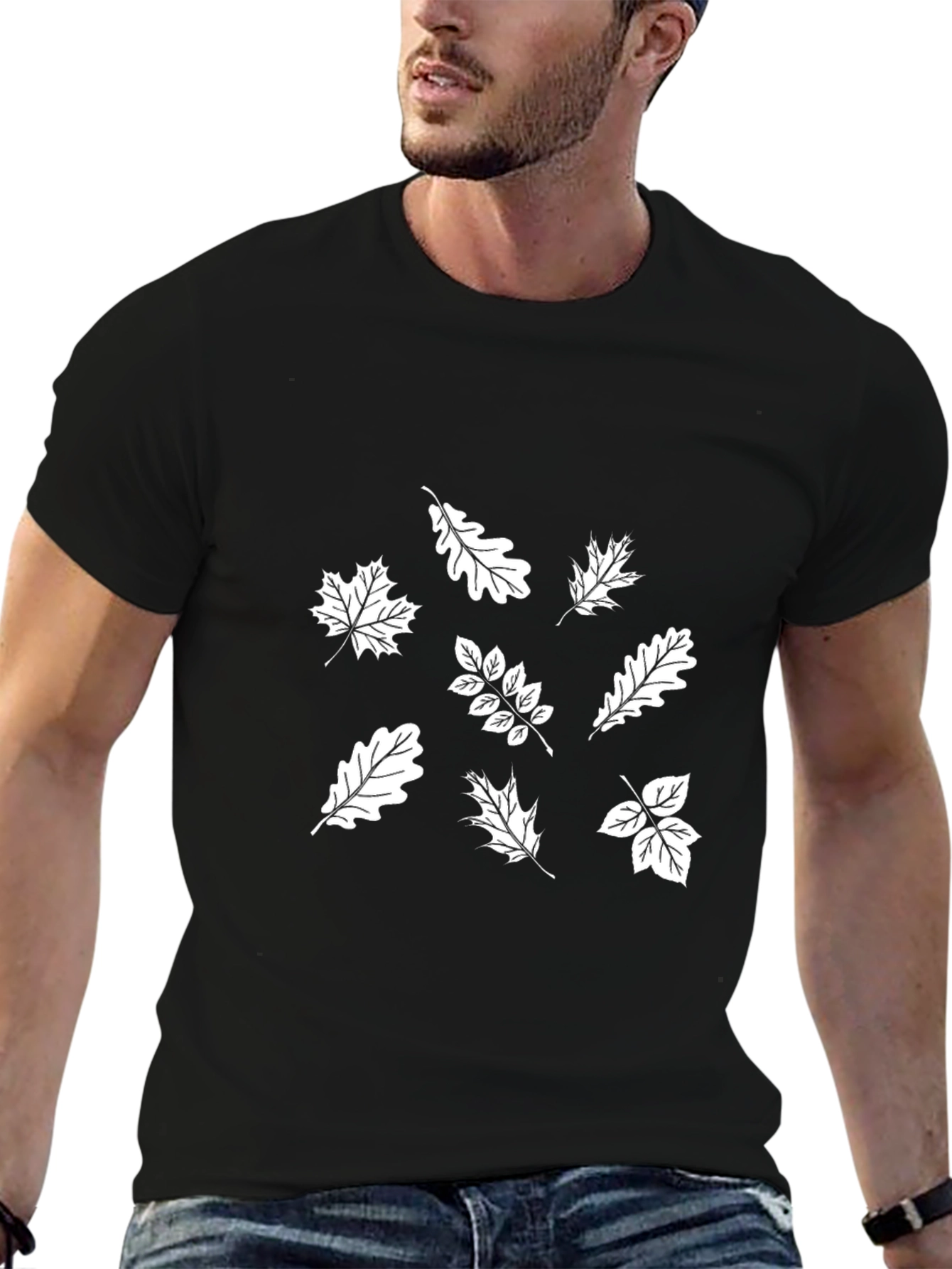 Mens Black T-Shirt with White Leaves Print