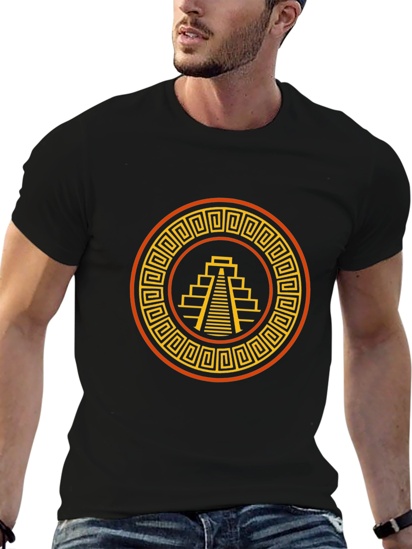 Aztec Pyramid Graphic Tee - Black Cotton T-Shirt