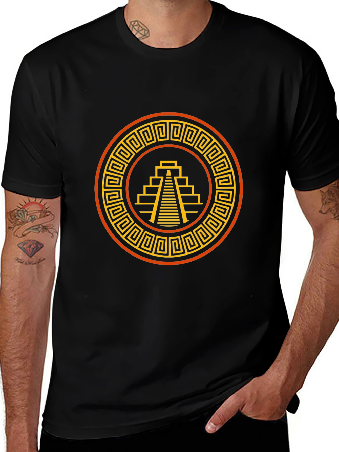 Aztec Pyramid Graphic Tee - Black Cotton T-Shirt