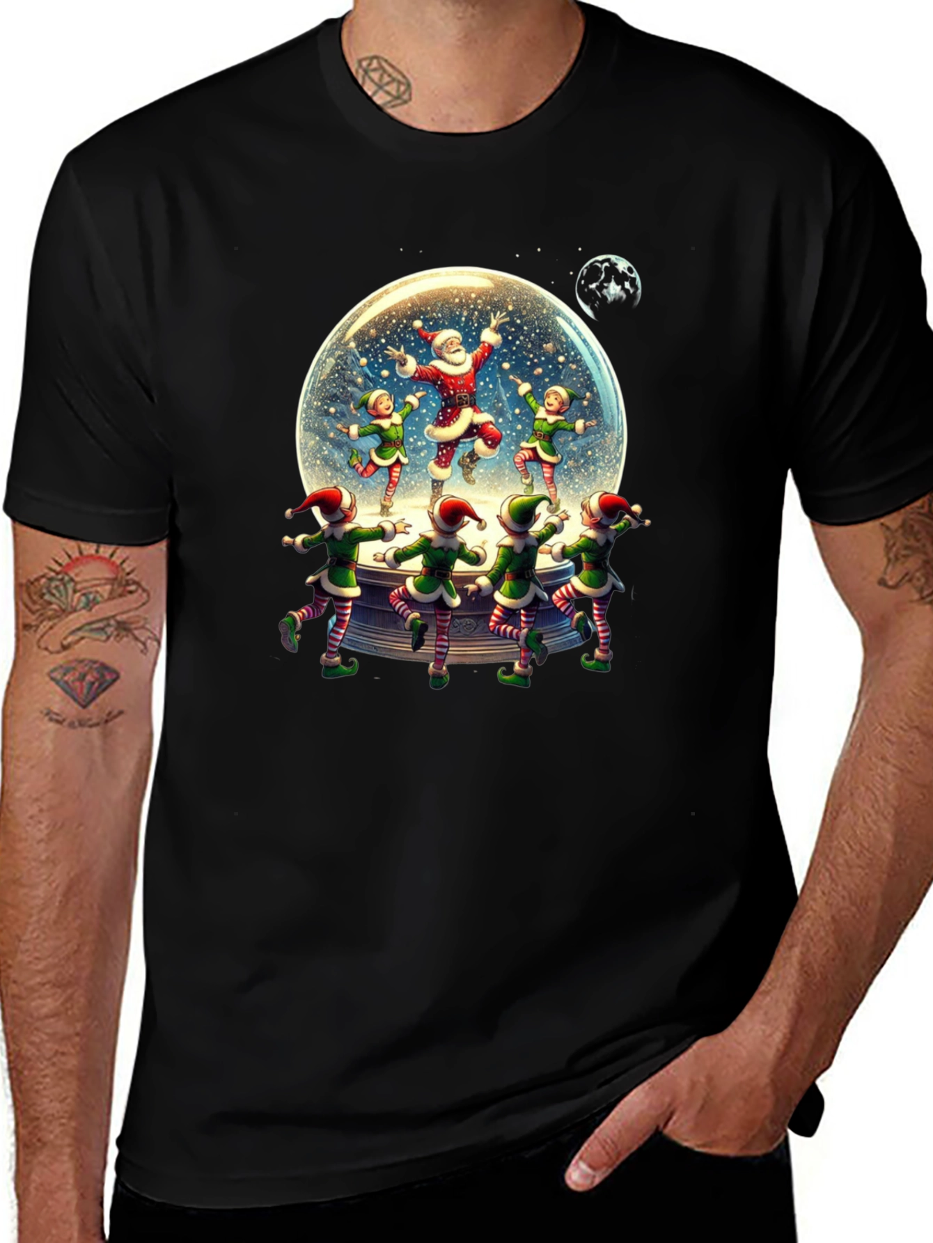 Festive Santa & Elves Snow Globe T-Shirt