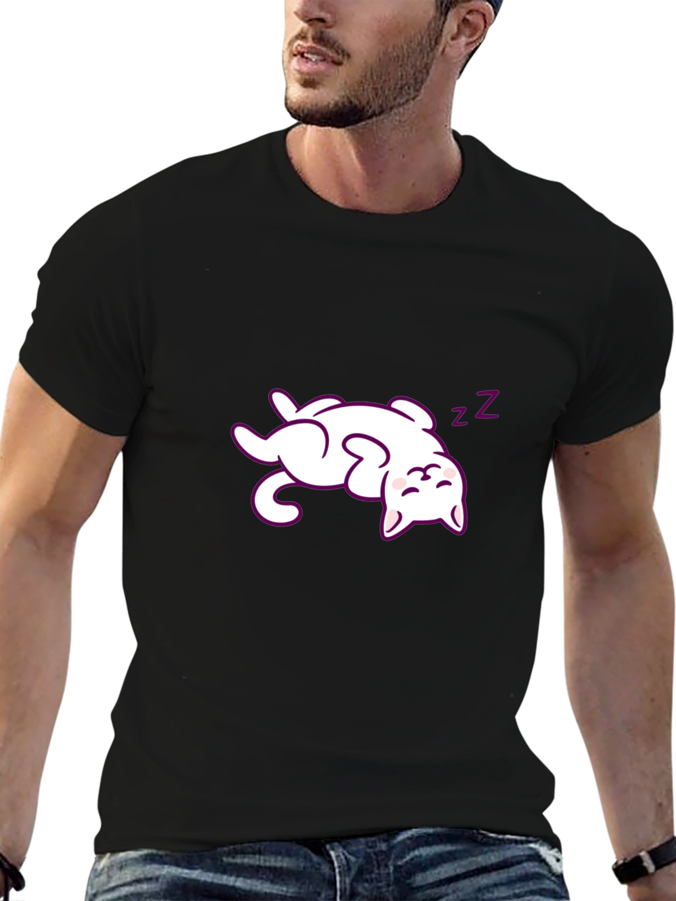 Cute Sleeping Cat Graphic Tee - Black