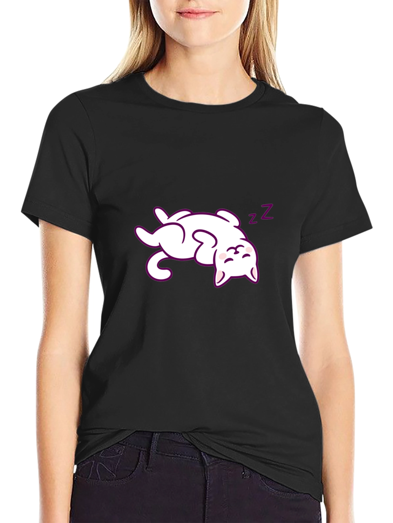 Cute Sleeping Cat Graphic Tee - Black