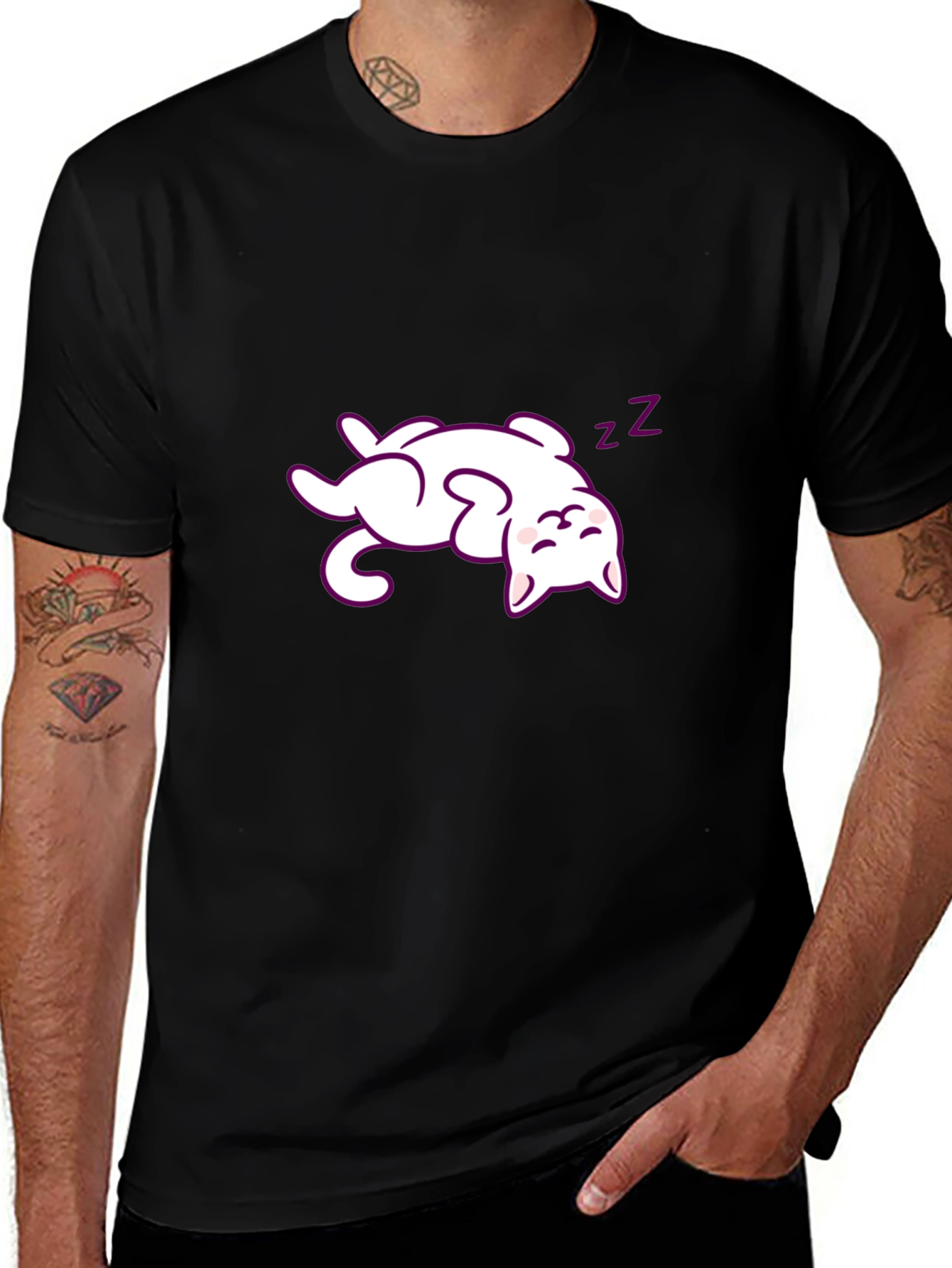 Cute Sleeping Cat Graphic Tee - Black
