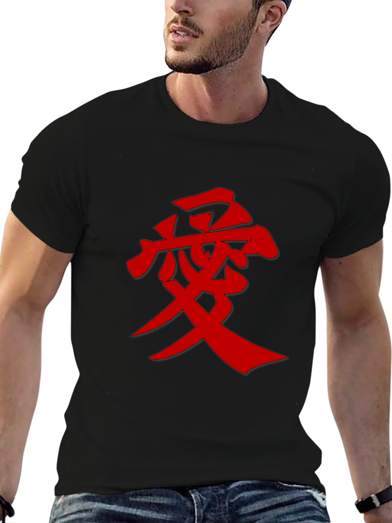 Mens Black T-Shirt with Red Kanji Graphic