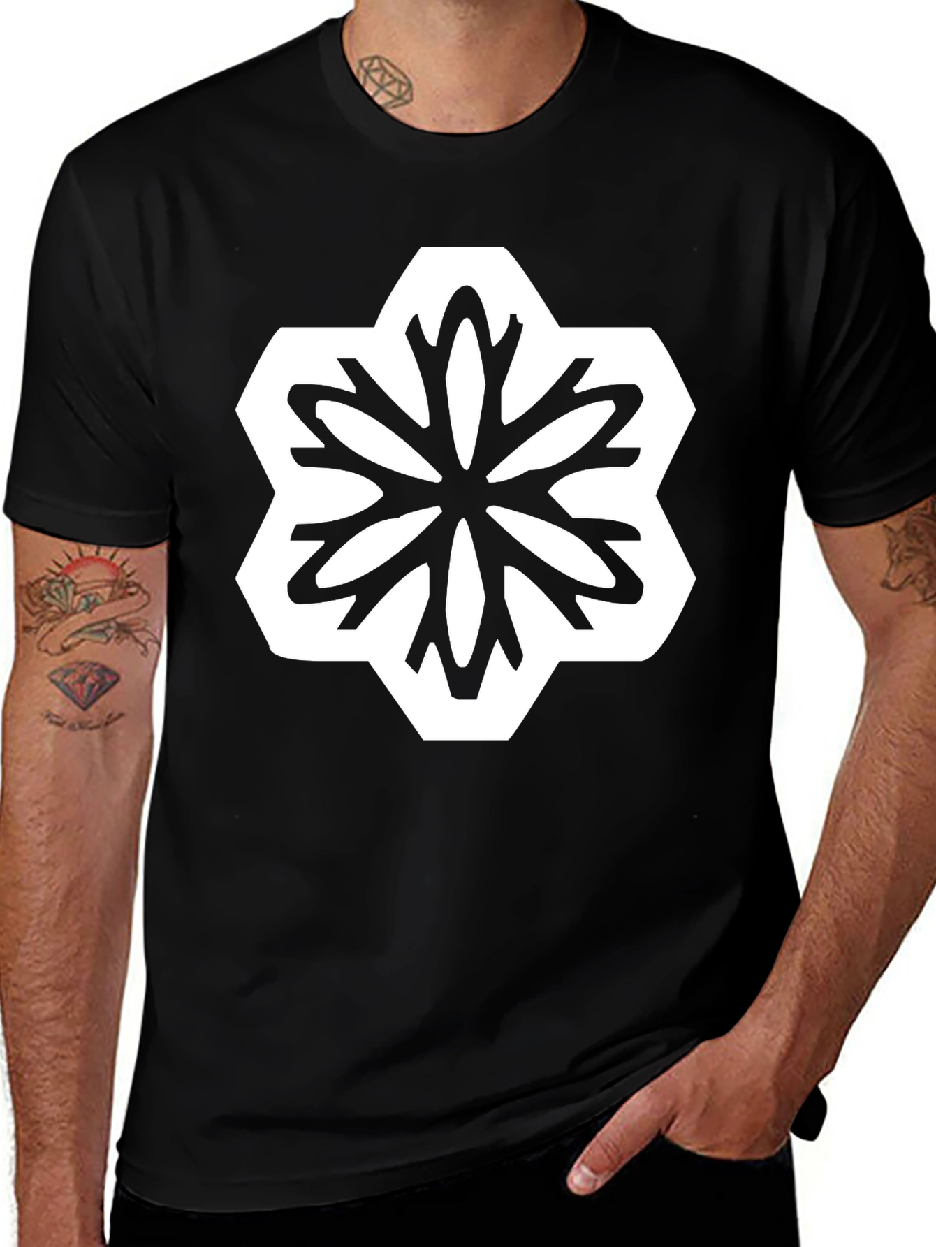 Geometric Floral Graphic T-Shirt - Black