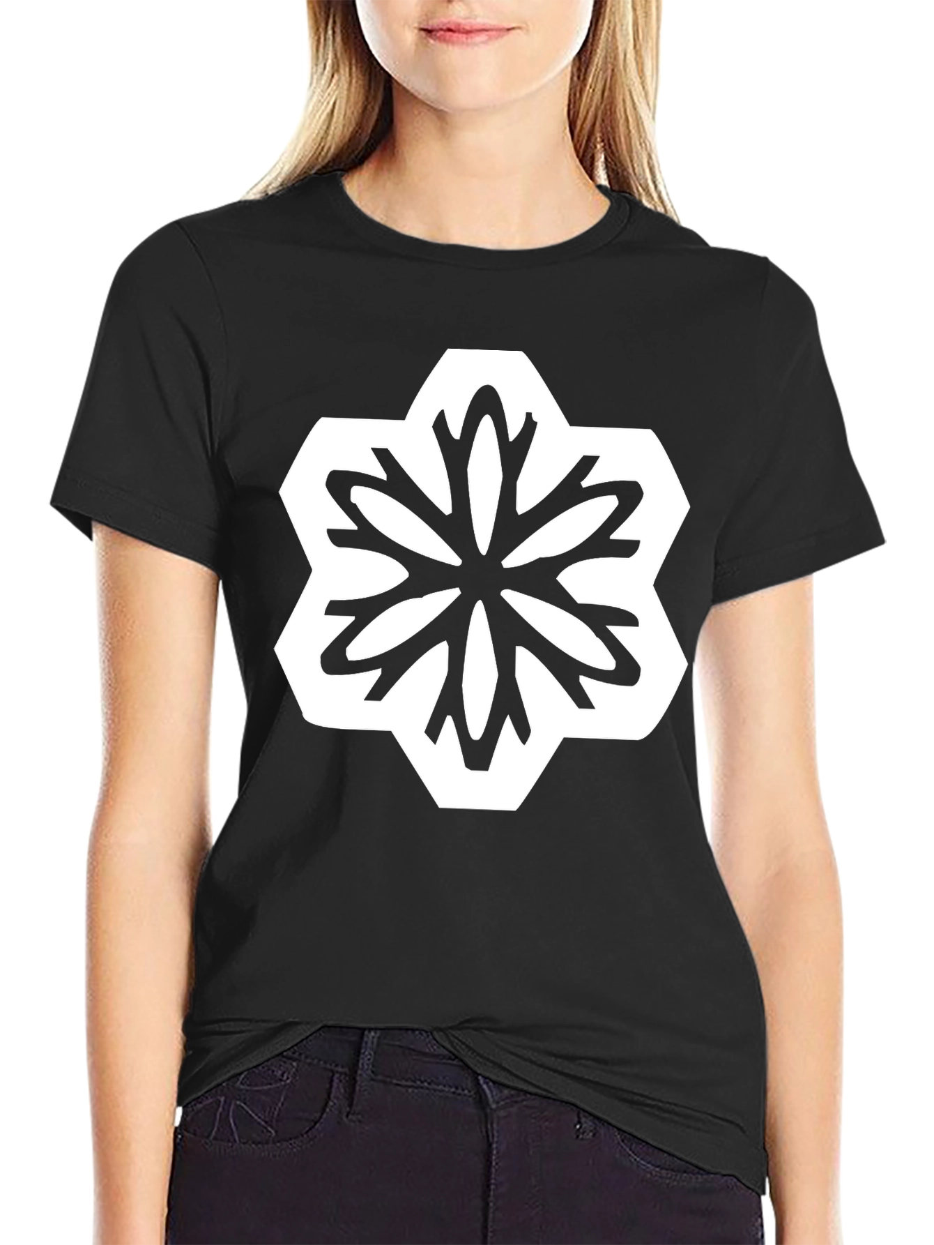 Geometric Floral Graphic T-Shirt - Black