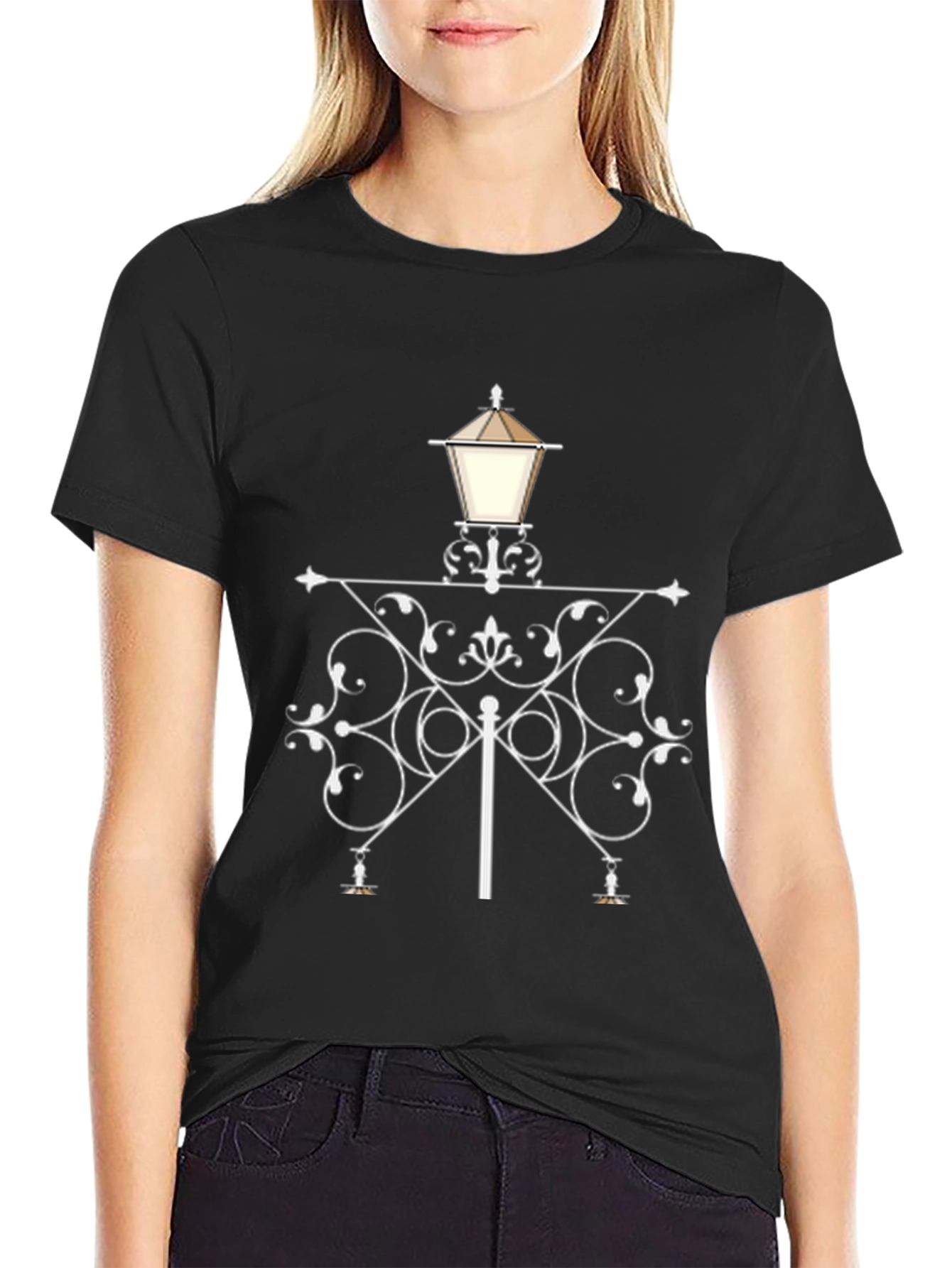 Stylish Street Lamp Graphic Tee - Black Cotton Blend