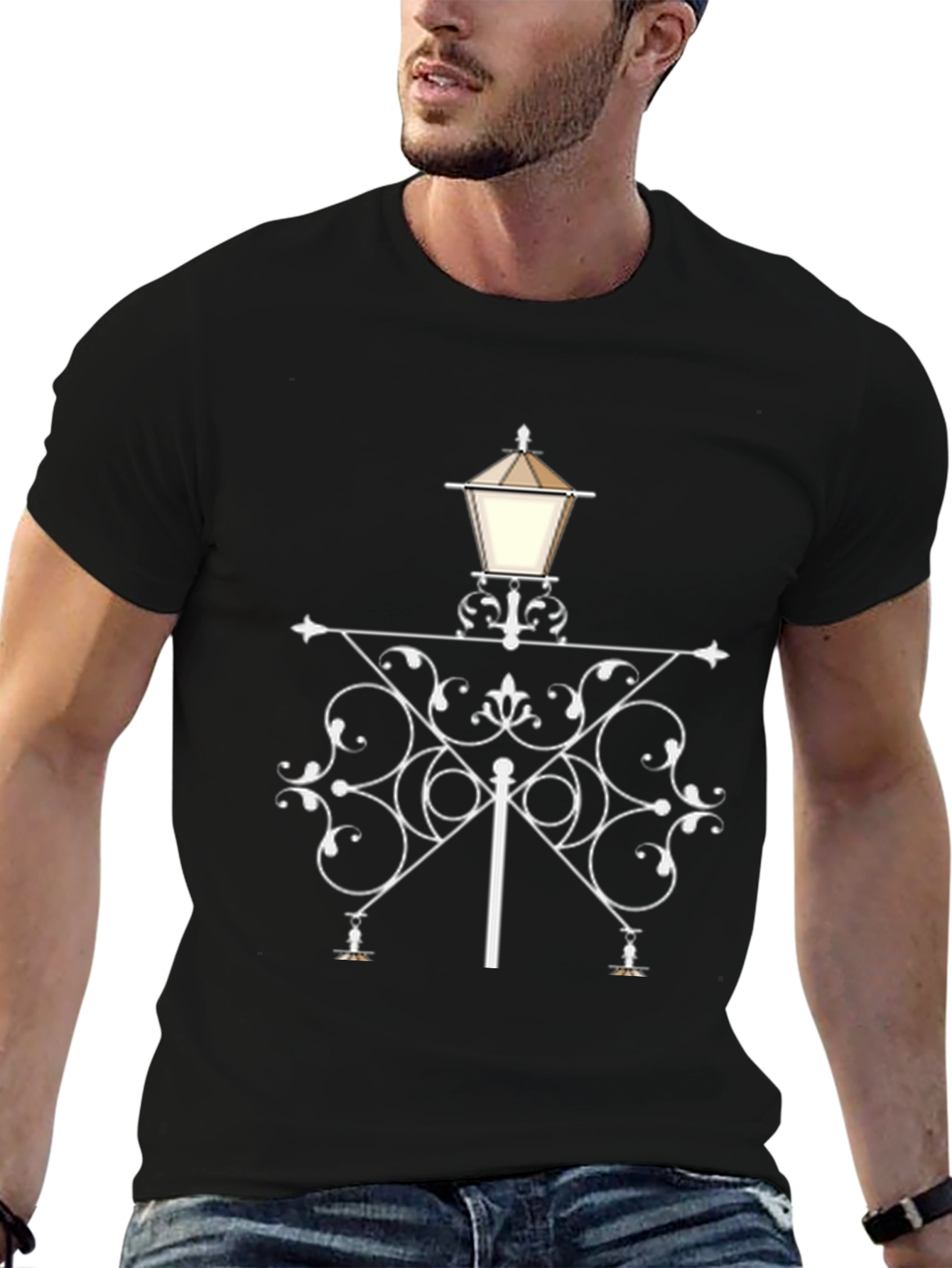 Stylish Street Lamp Graphic Tee - Black Cotton Blend