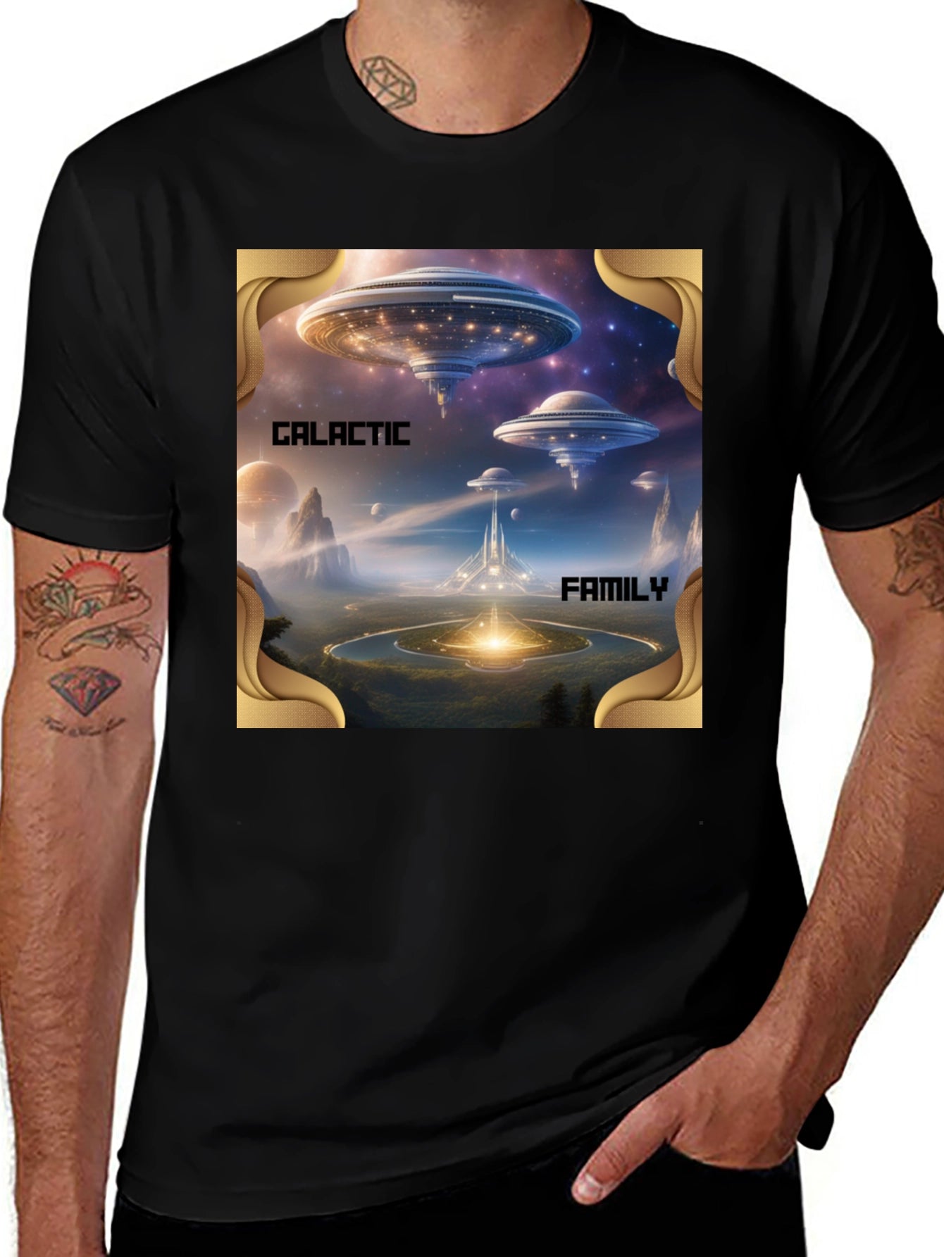 Galactic Family Graphic Print Black T-Shirt