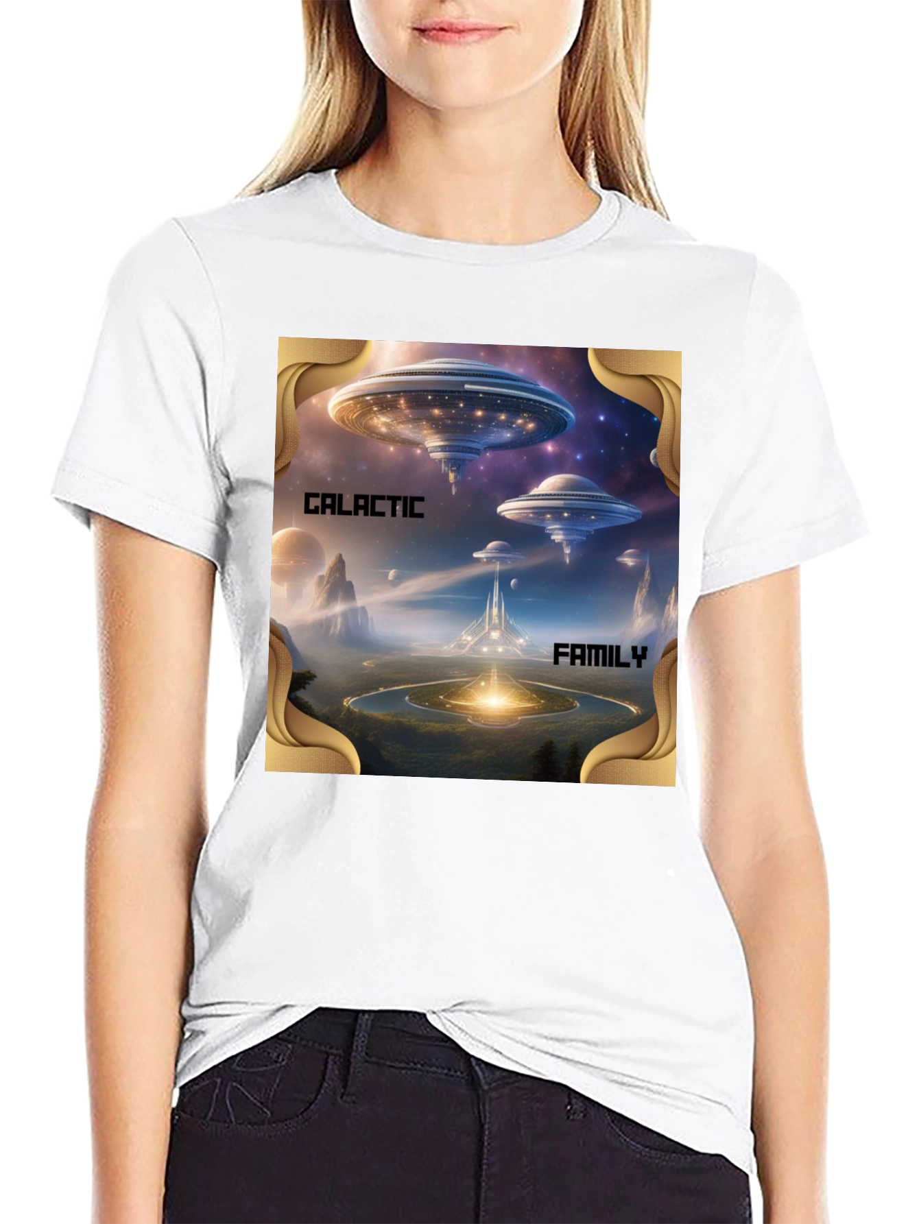 Galactic Family Graphic Print Black T-Shirt