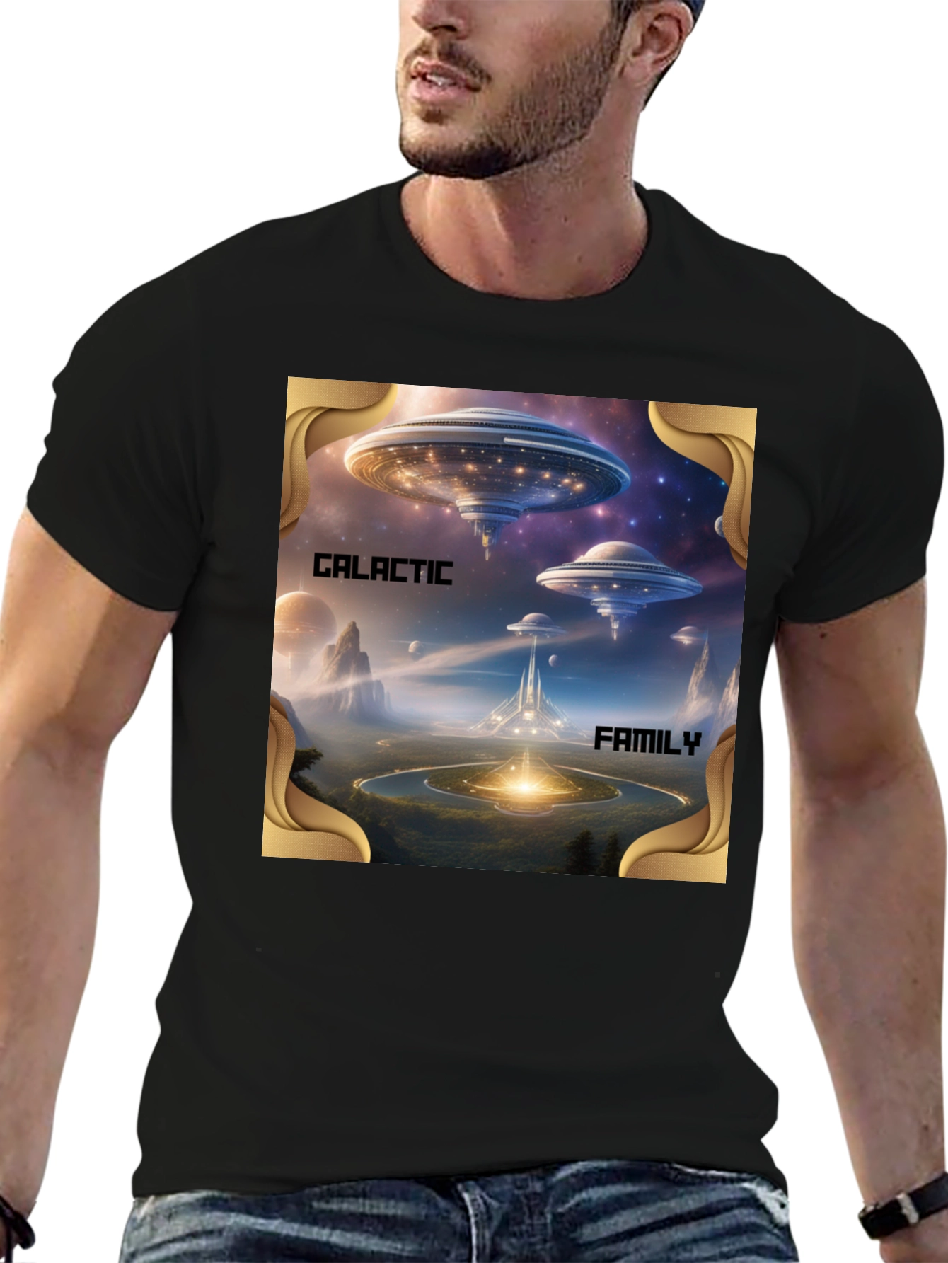Galactic Family Graphic Print Black T-Shirt