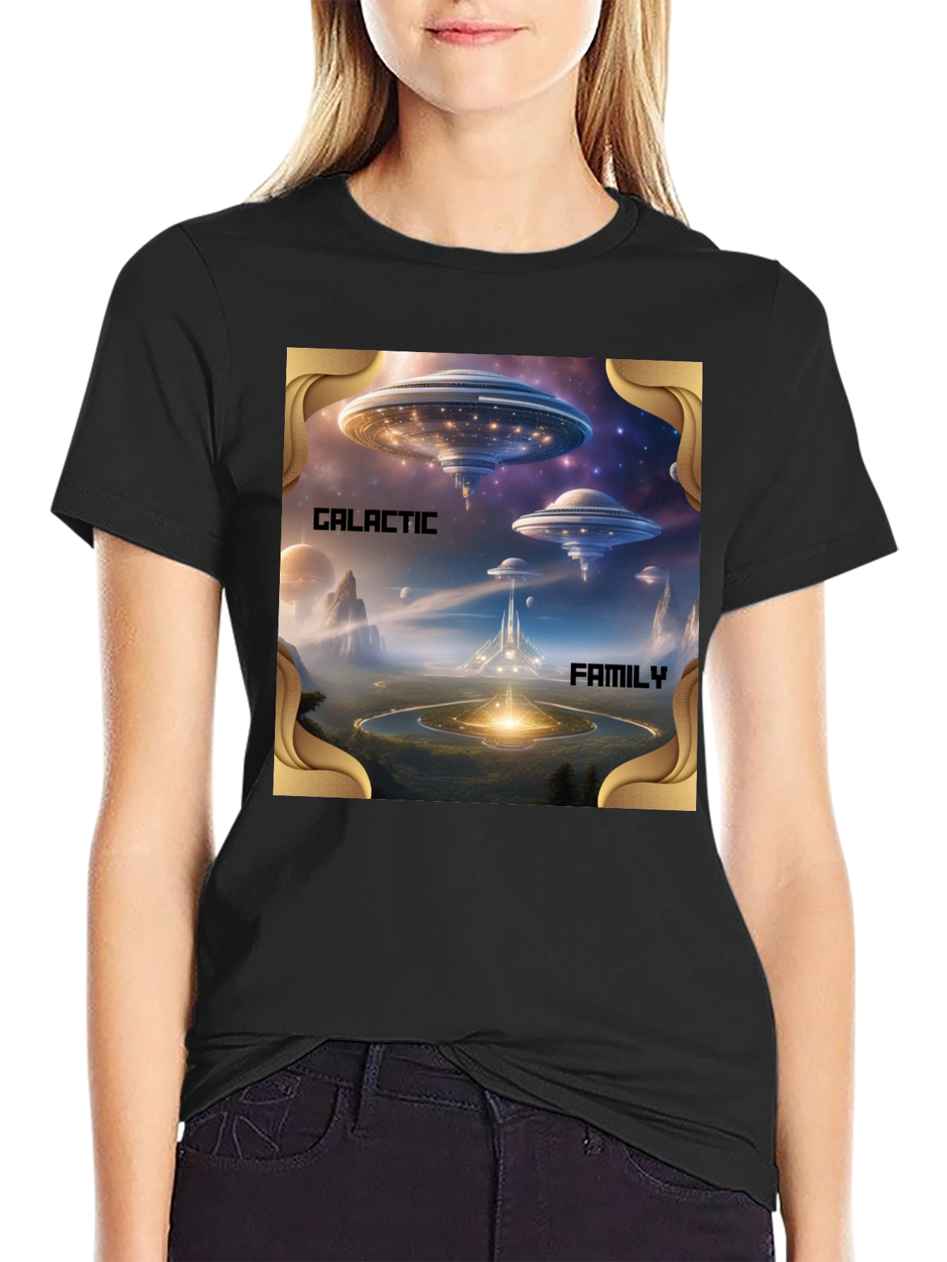 Galactic Family Graphic Print Black T-Shirt