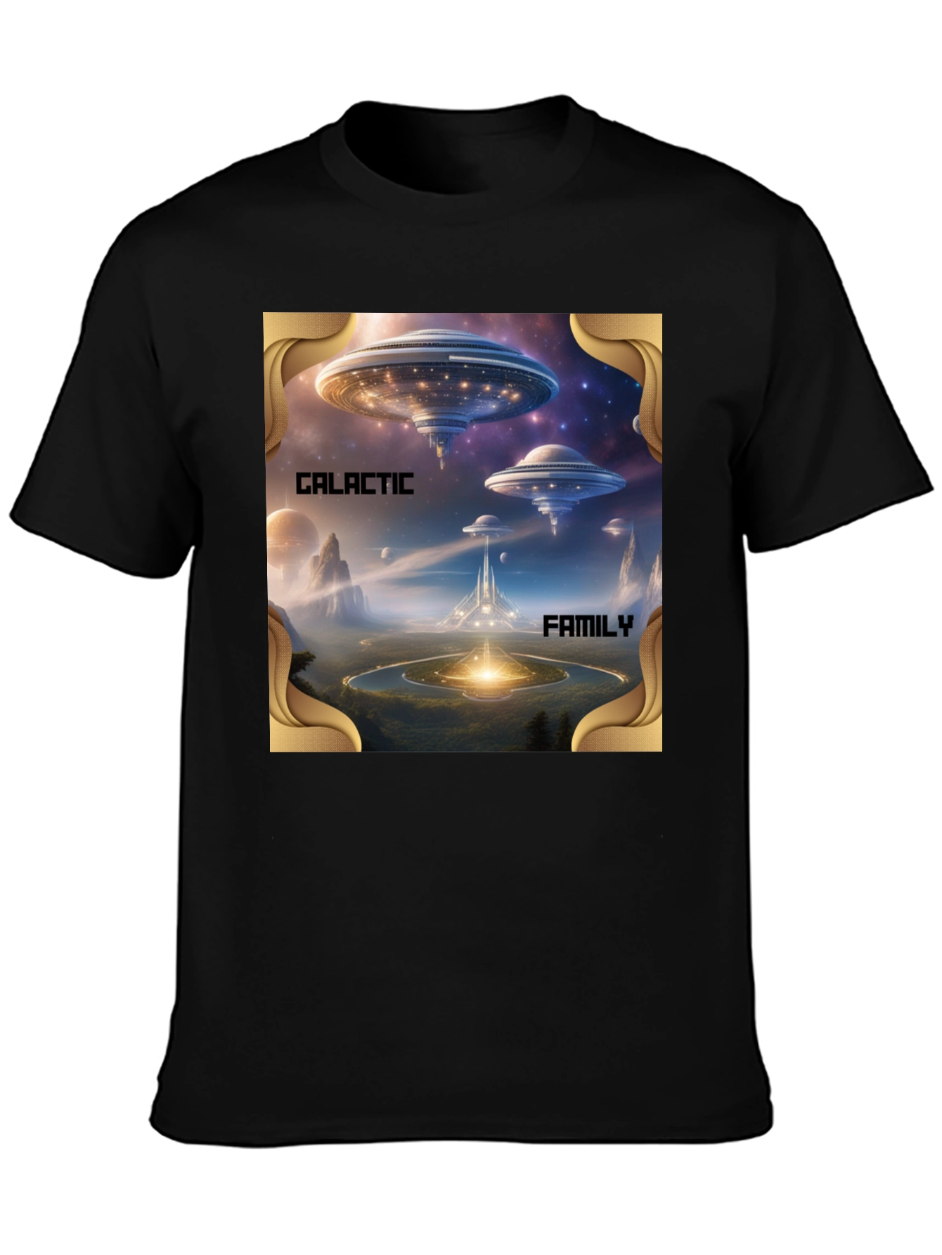 Galactic Family Graphic Print Black T-Shirt