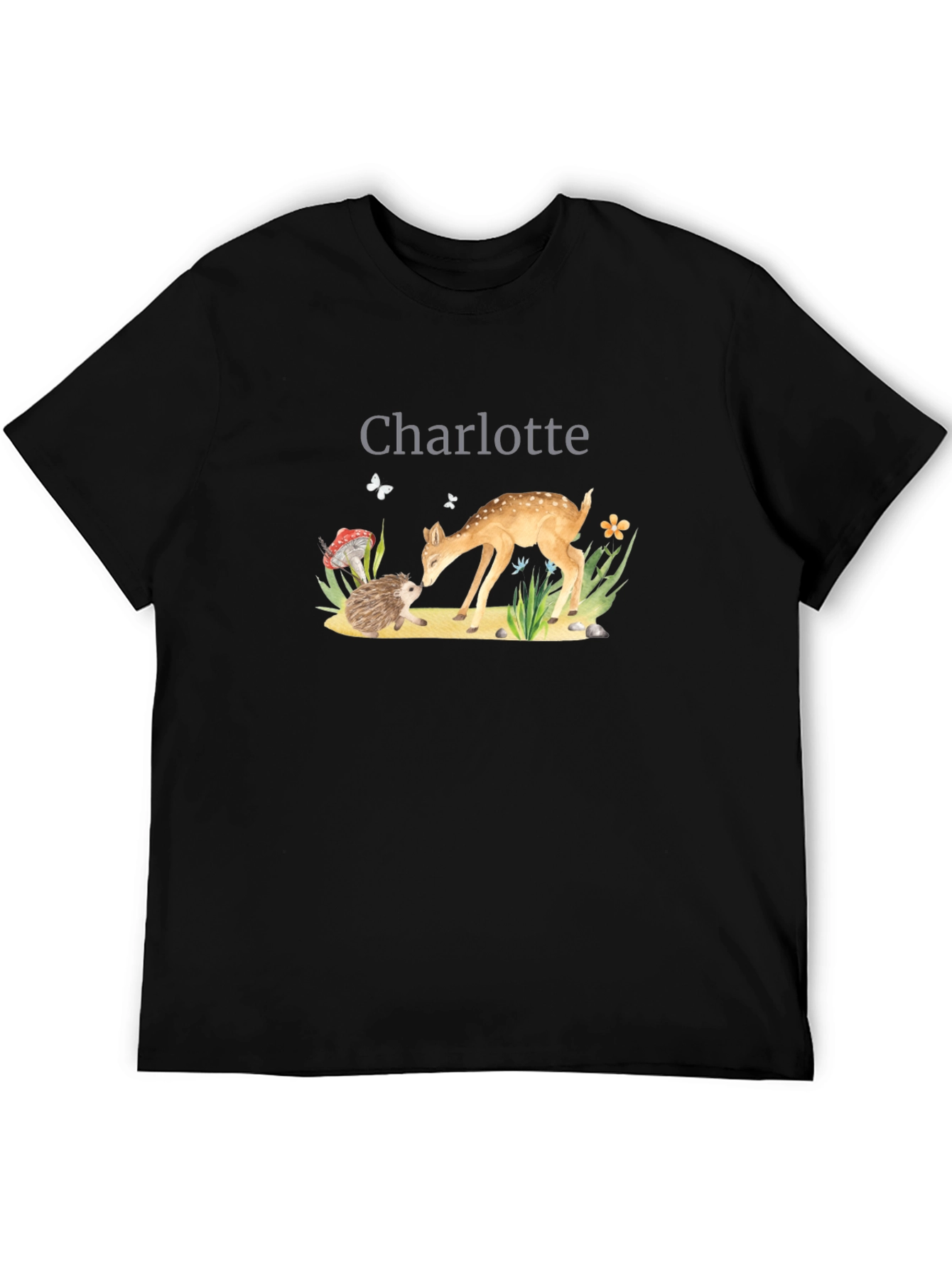 Charlotte Deer & Hedgehog Black T-Shirt