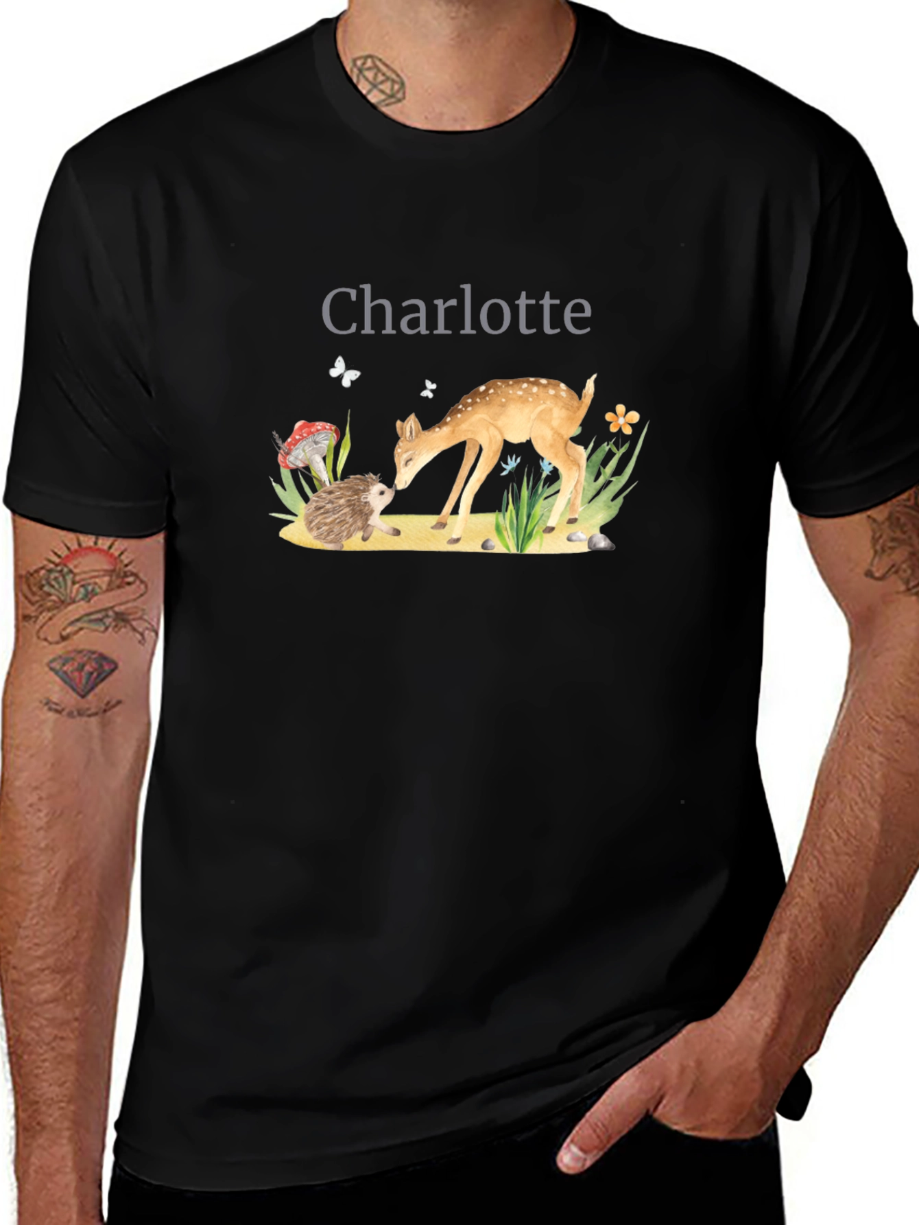 Charlotte Deer & Hedgehog Black T-Shirt