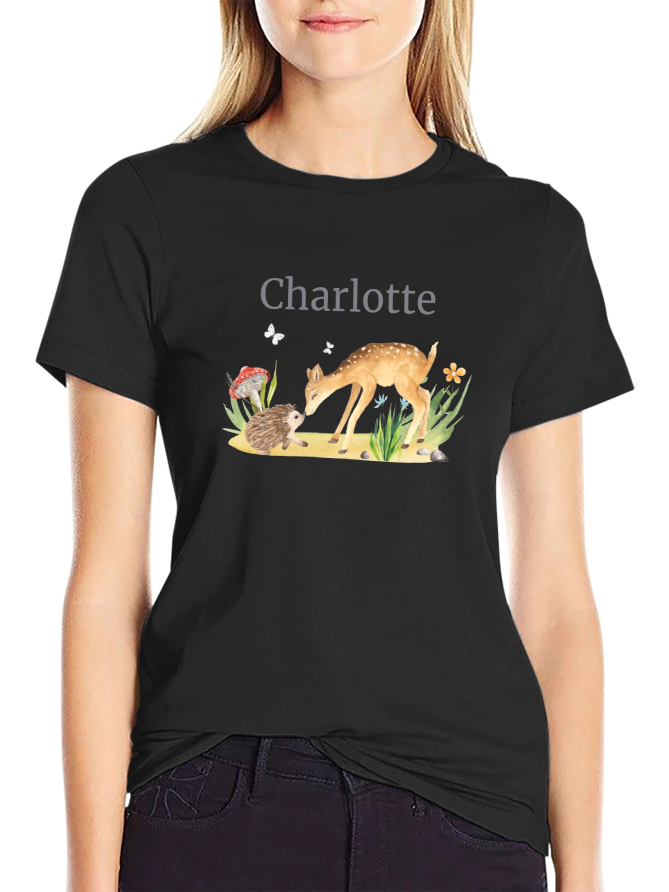 Charlotte Deer & Hedgehog Black T-Shirt