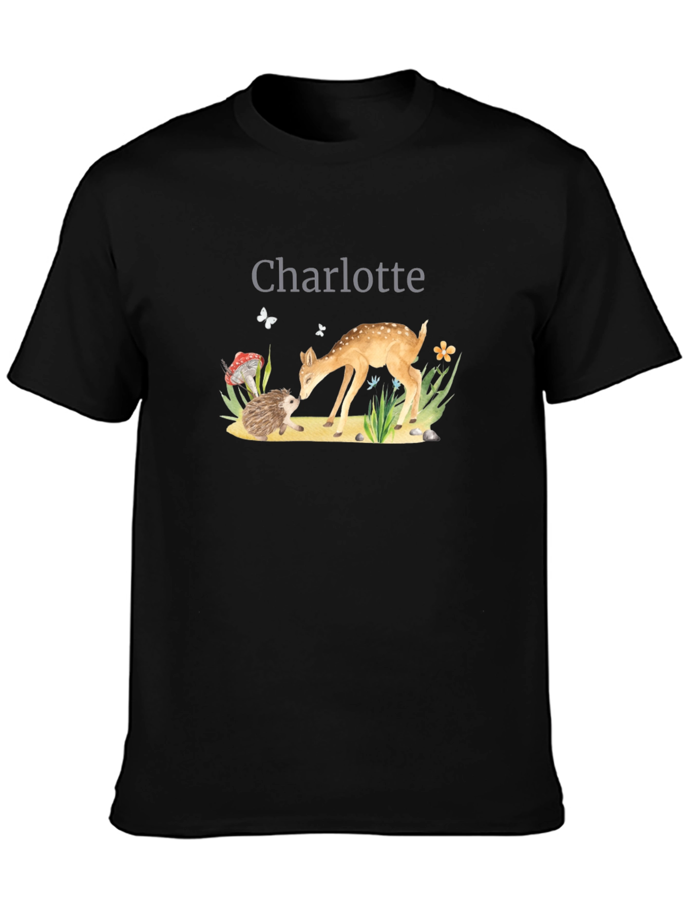 Charlotte Deer & Hedgehog Black T-Shirt