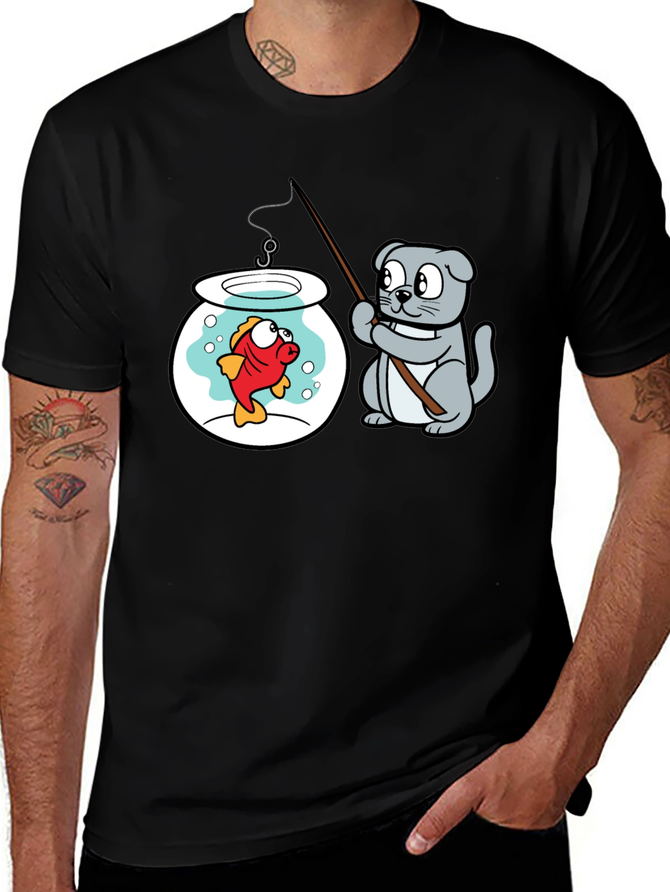 Cat Fishing Goldfish Graphic Tee