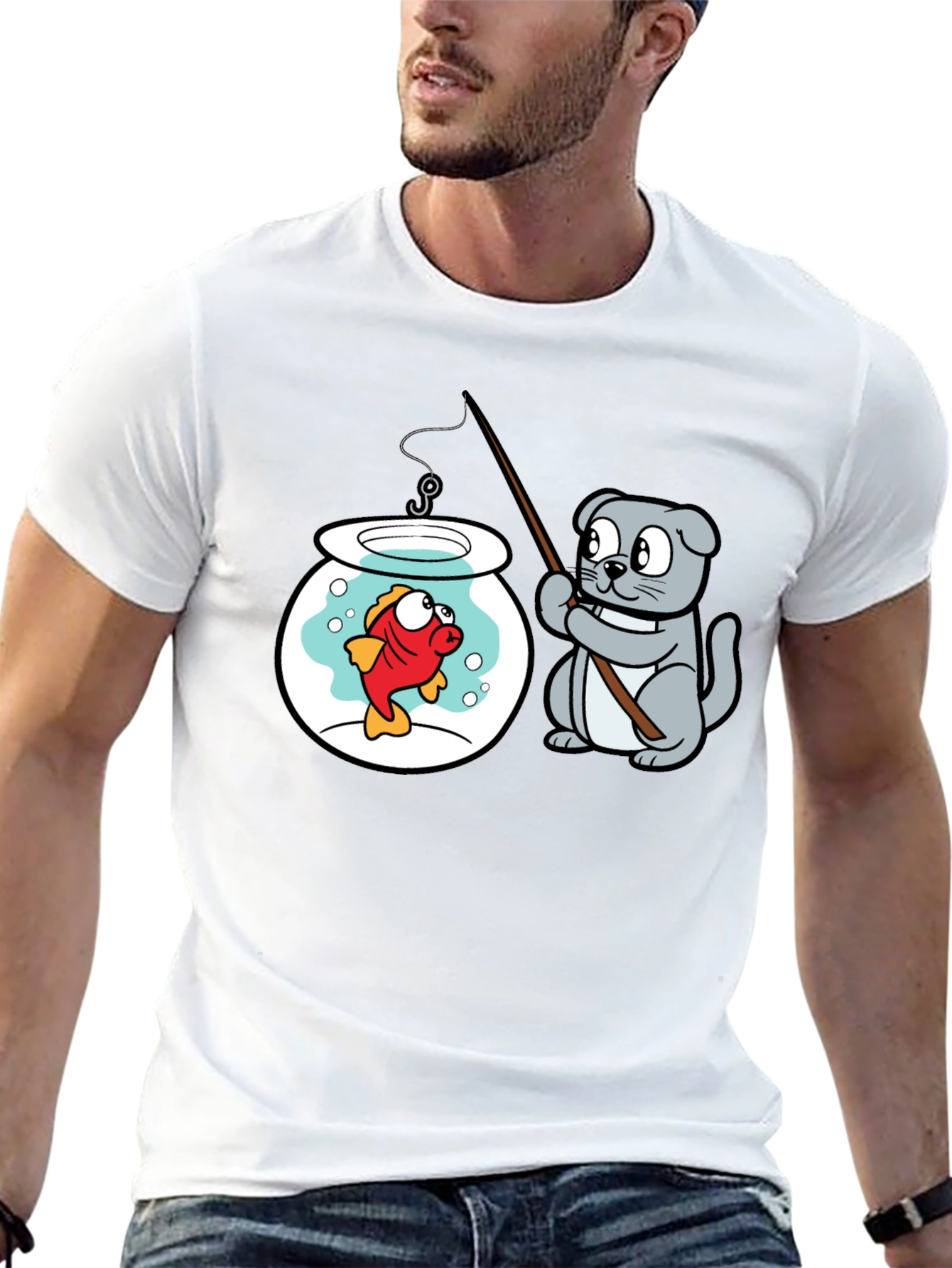 Cat Fishing Goldfish Graphic Tee