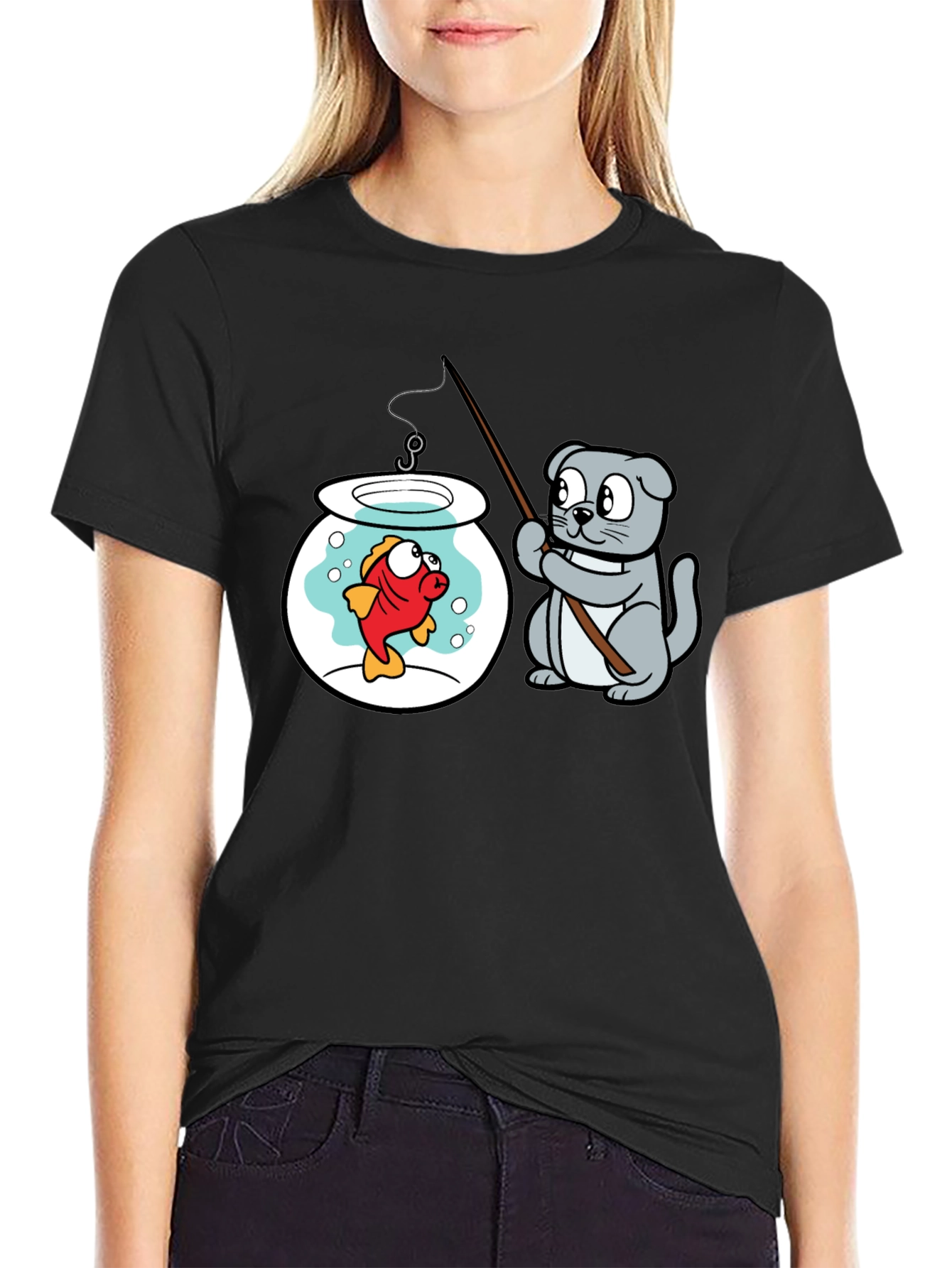 Cat Fishing Goldfish Graphic Tee