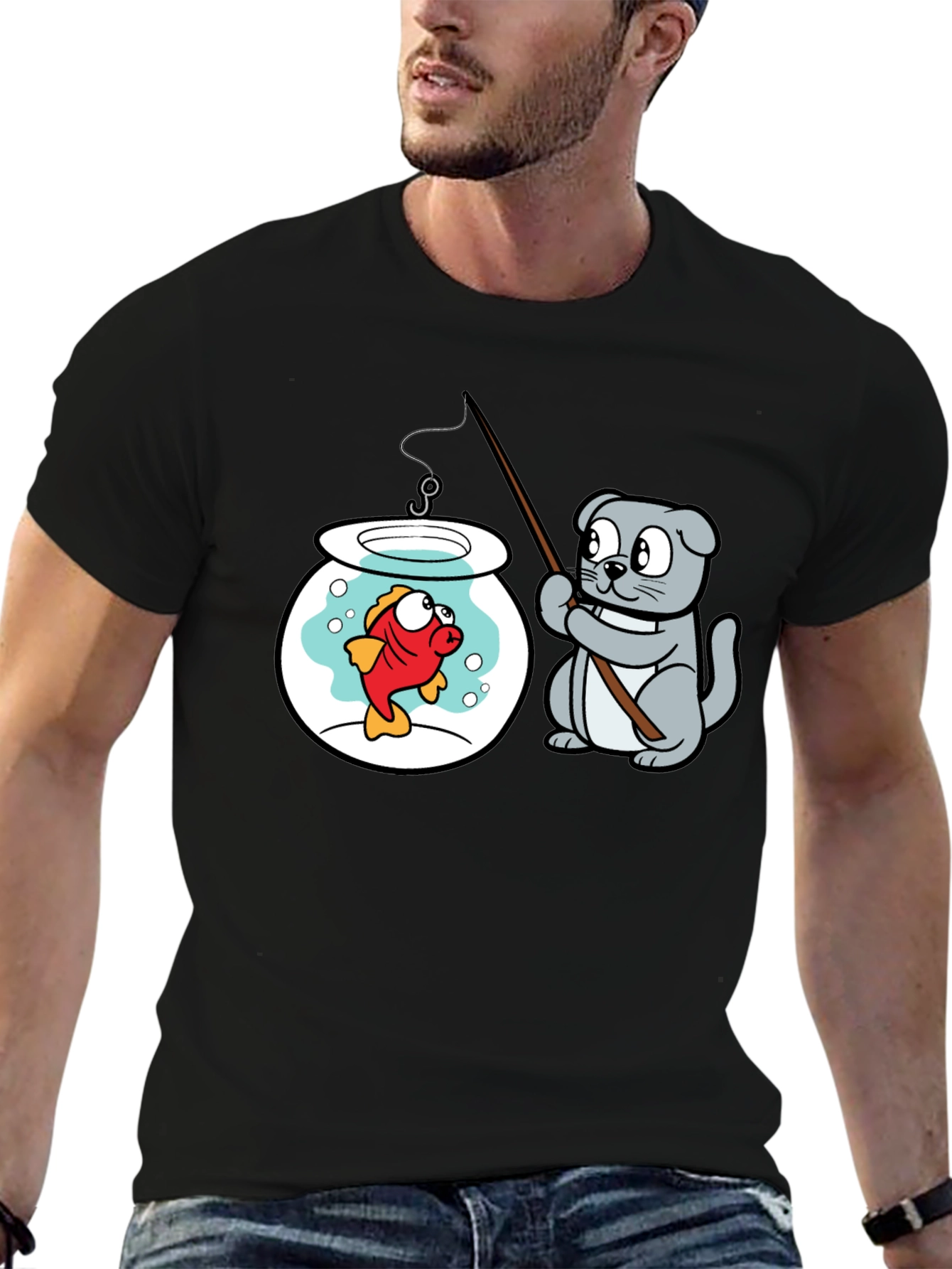 Cat Fishing Goldfish Graphic Tee