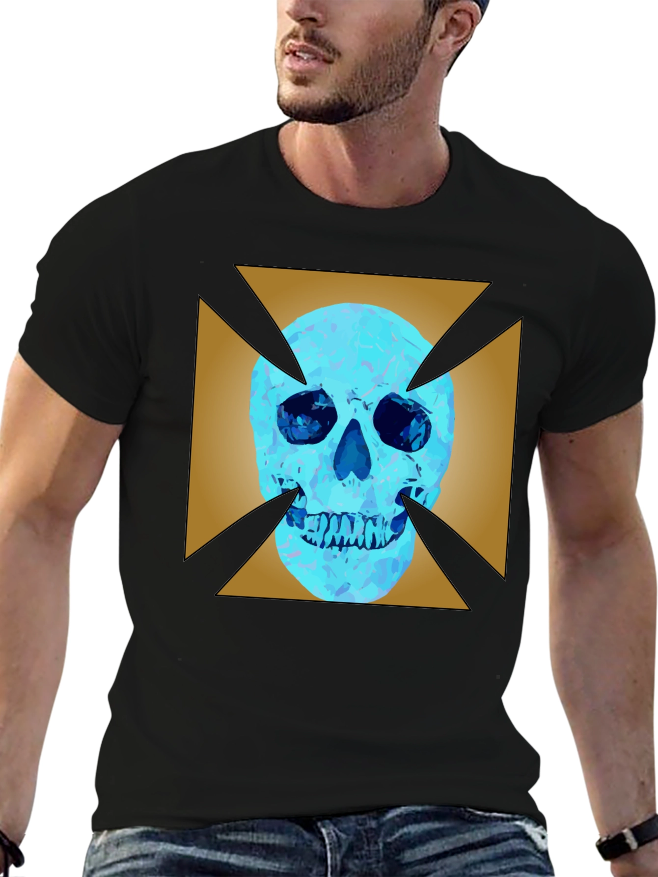 Edgy Graphic Tee: Skull X Design Black Cotton
