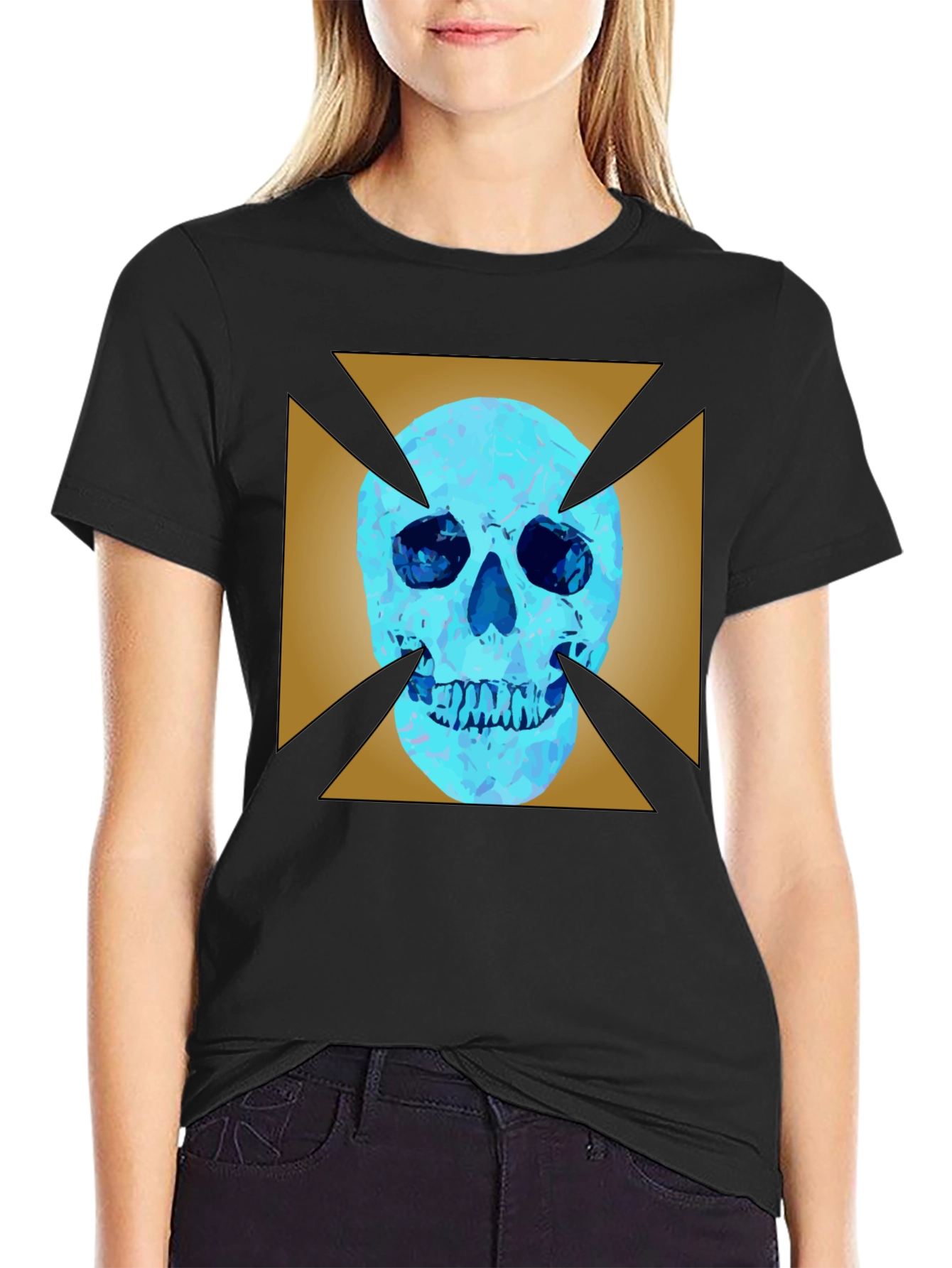 Edgy Graphic Tee: Skull X Design Black Cotton