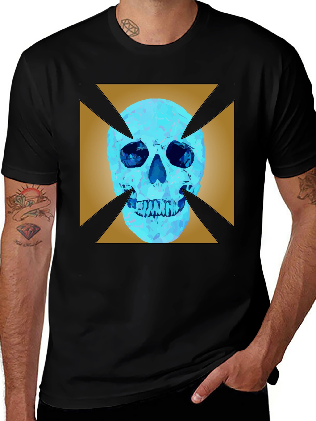 Edgy Graphic Tee: Skull X Design Black Cotton