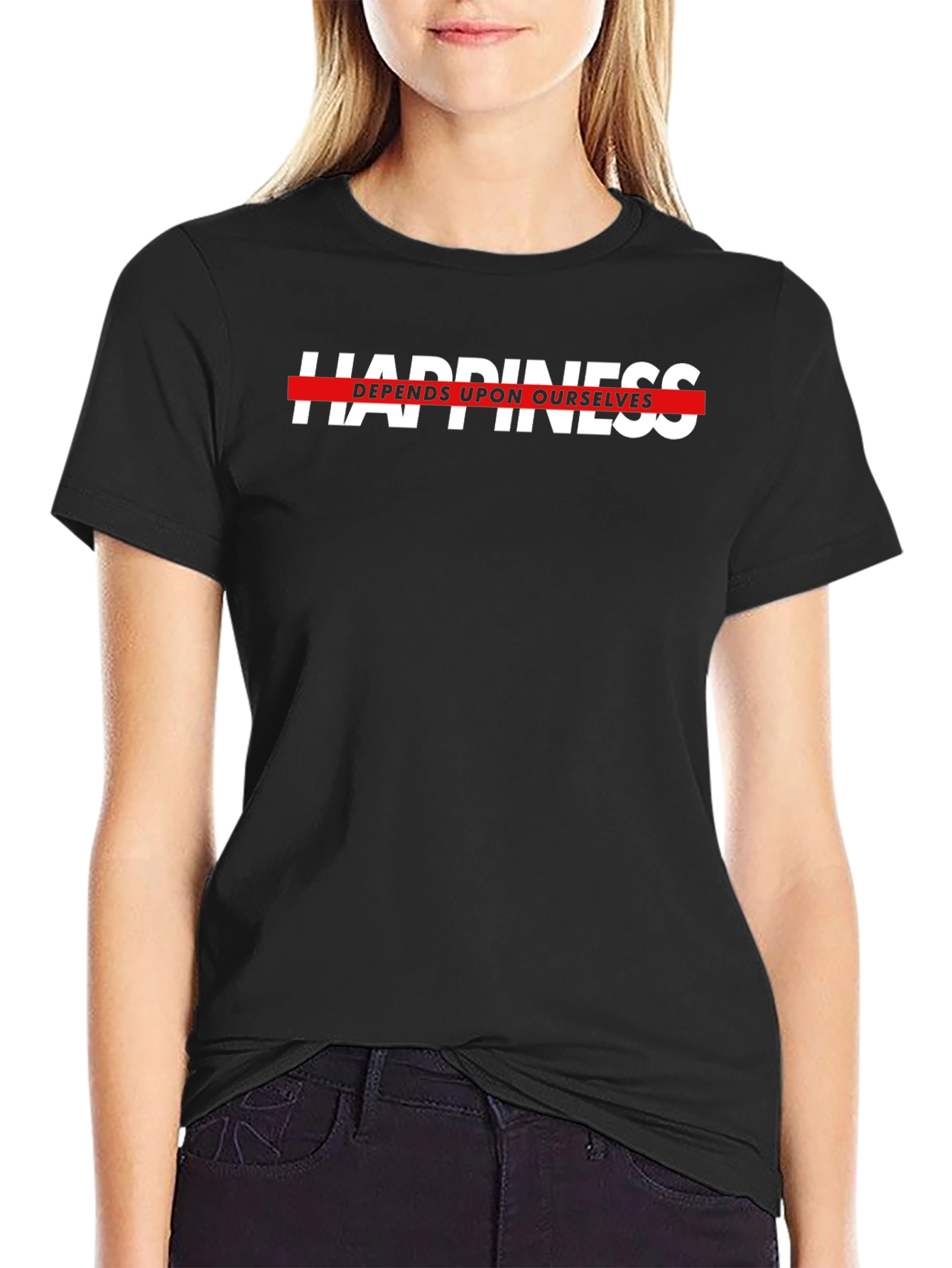 Happiness Depends Black T-Shirt - Motivational Text