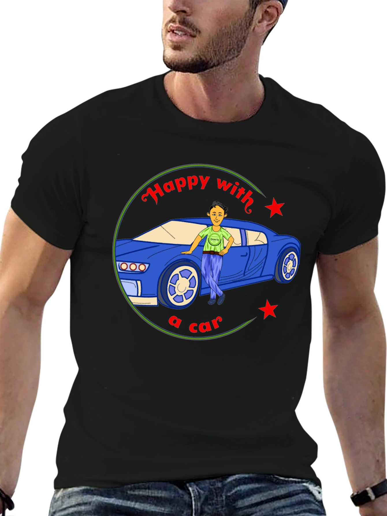Happy with a Car Graphic Tee - Black Cotton