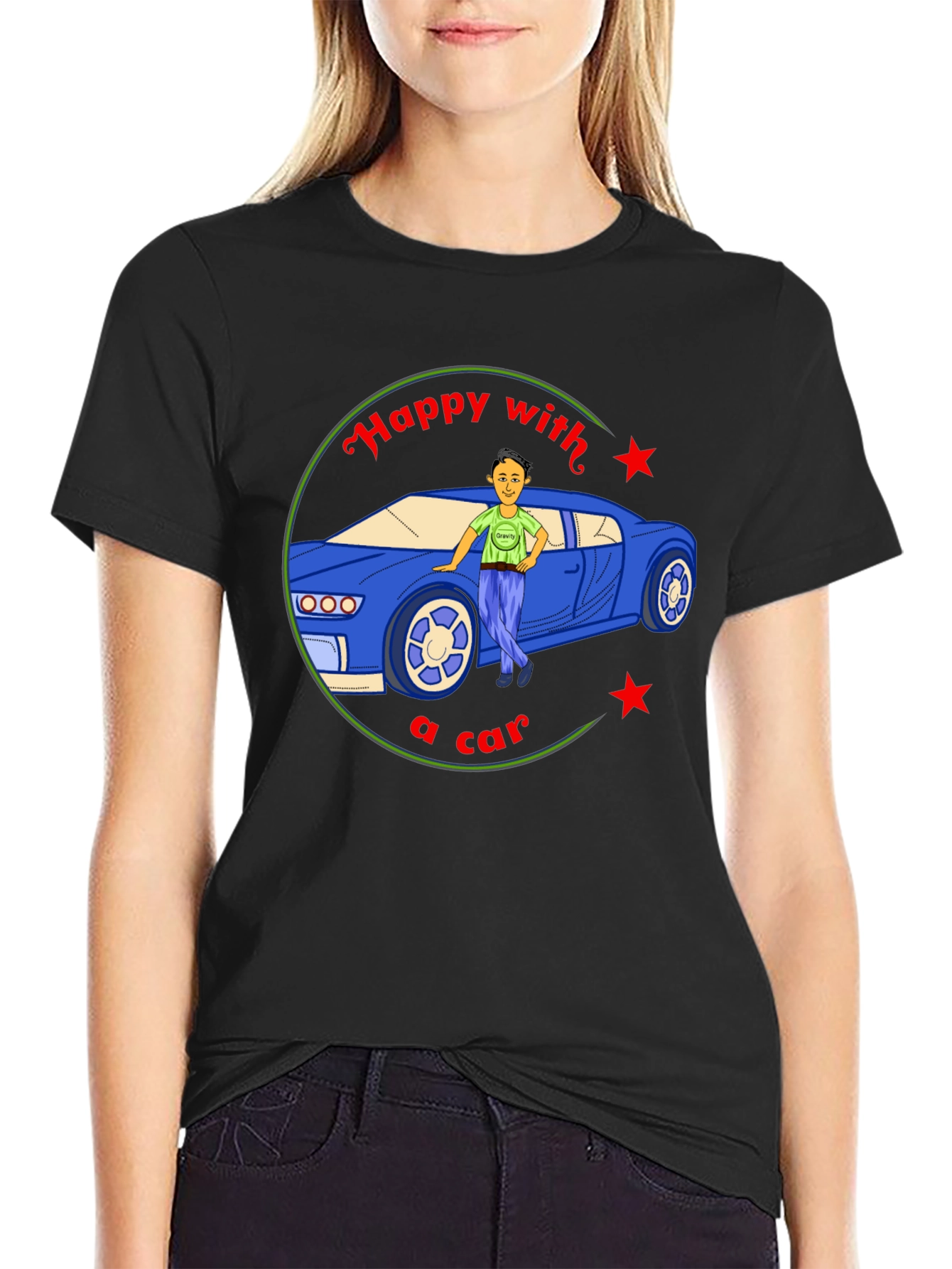 Happy with a Car Graphic Tee - Black Cotton