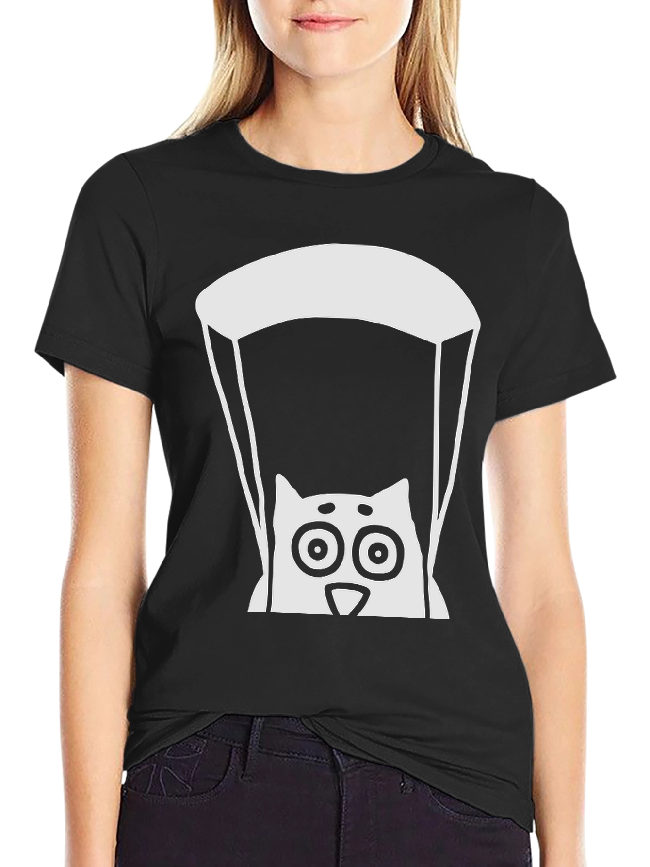Parachute Cat Graphic Tee - Cool Black T-Shirt