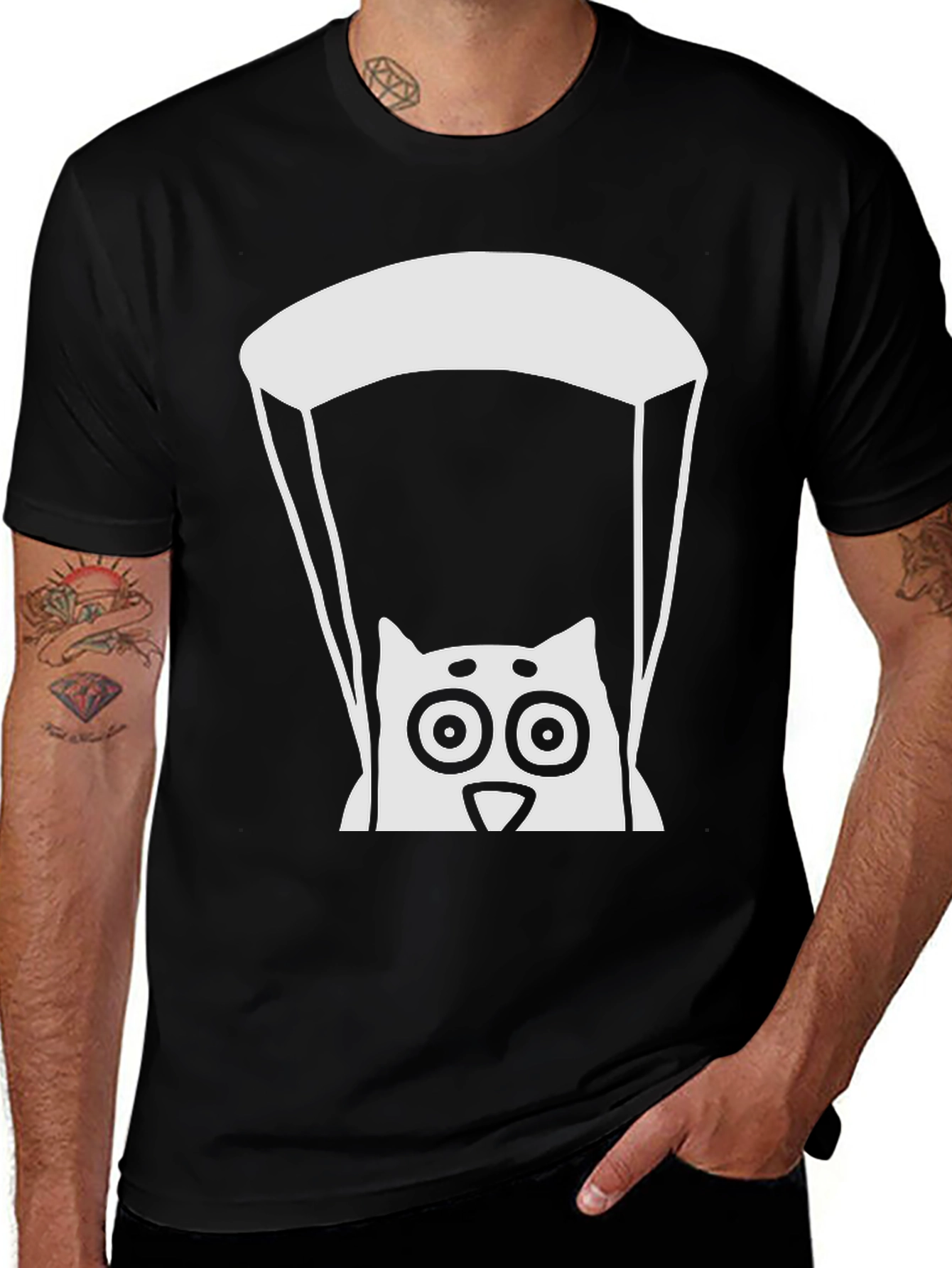 Parachute Cat Graphic Tee - Cool Black T-Shirt