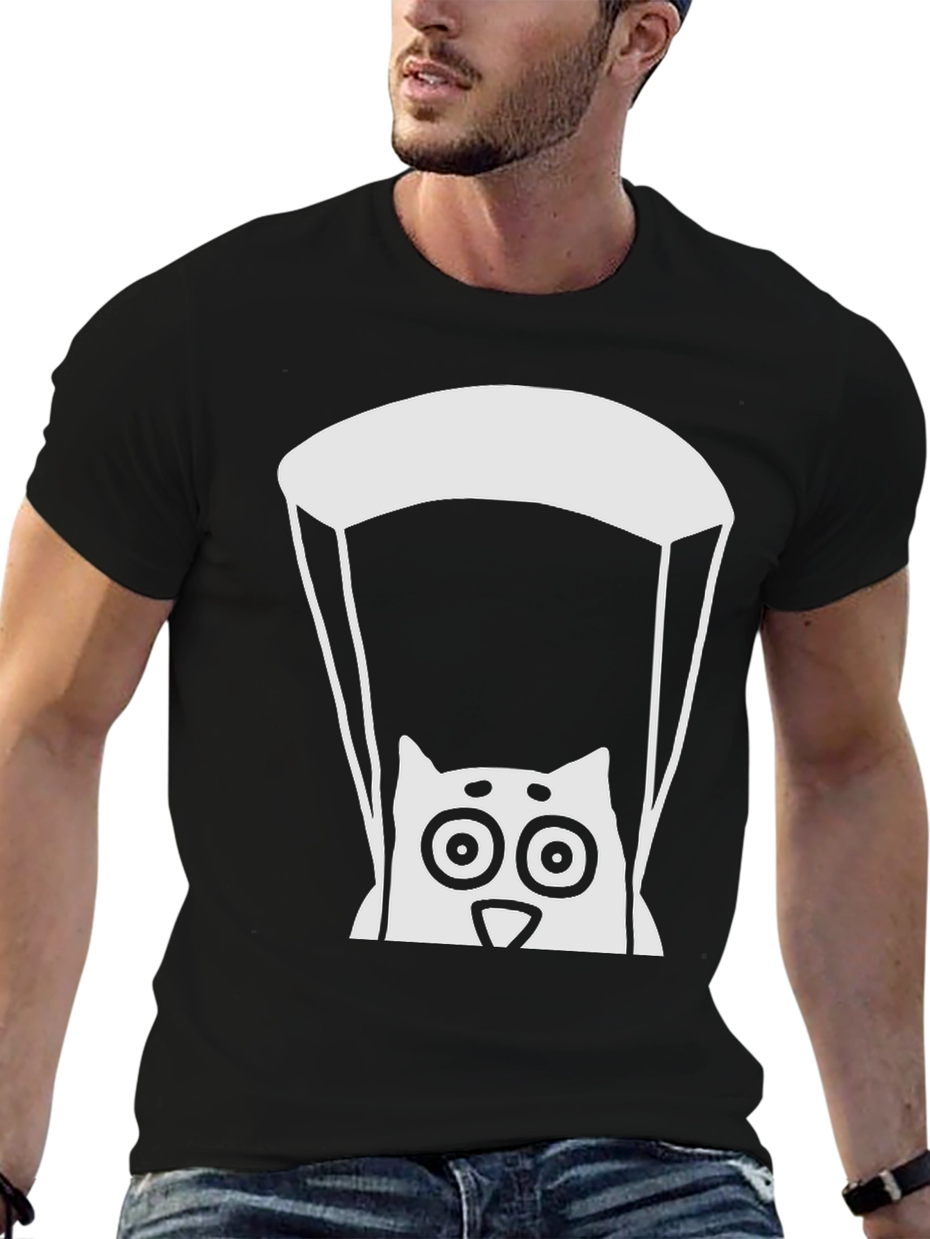 Parachute Cat Graphic Tee - Cool Black T-Shirt