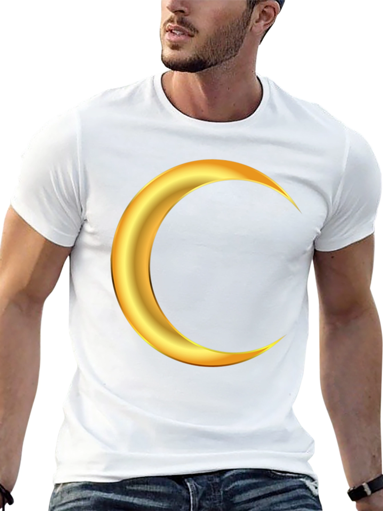 Golden Crescent Moon Graphic Black T-Shirt