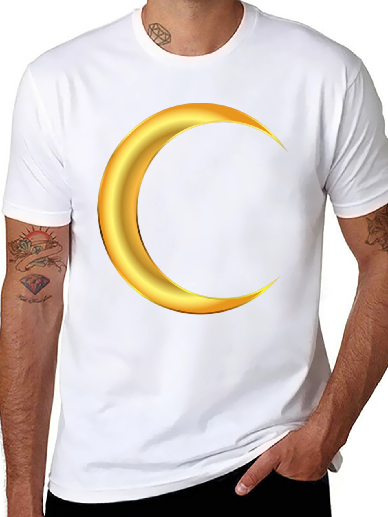 Golden Crescent Moon Graphic Black T-Shirt