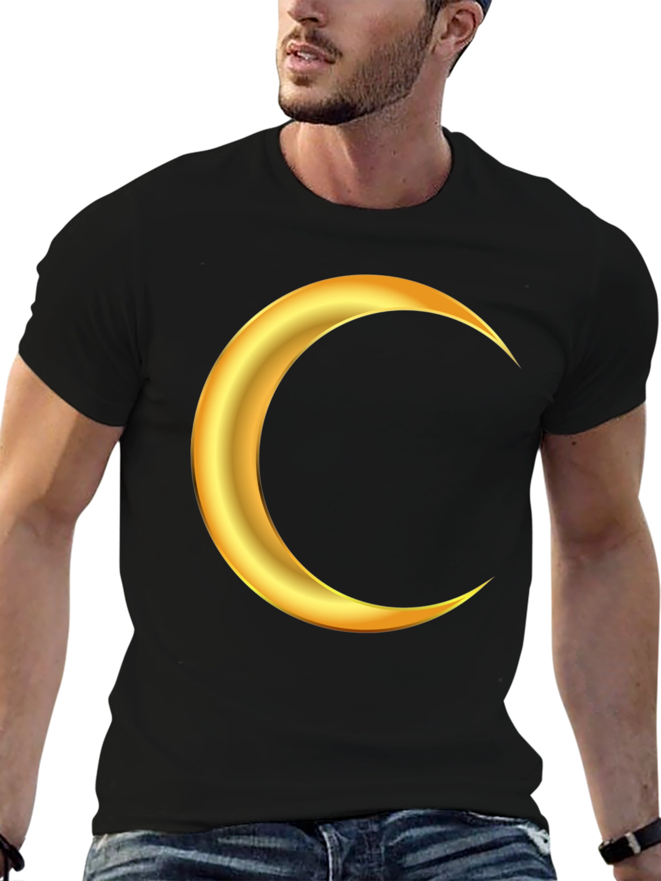 Golden Crescent Moon Graphic Black T-Shirt