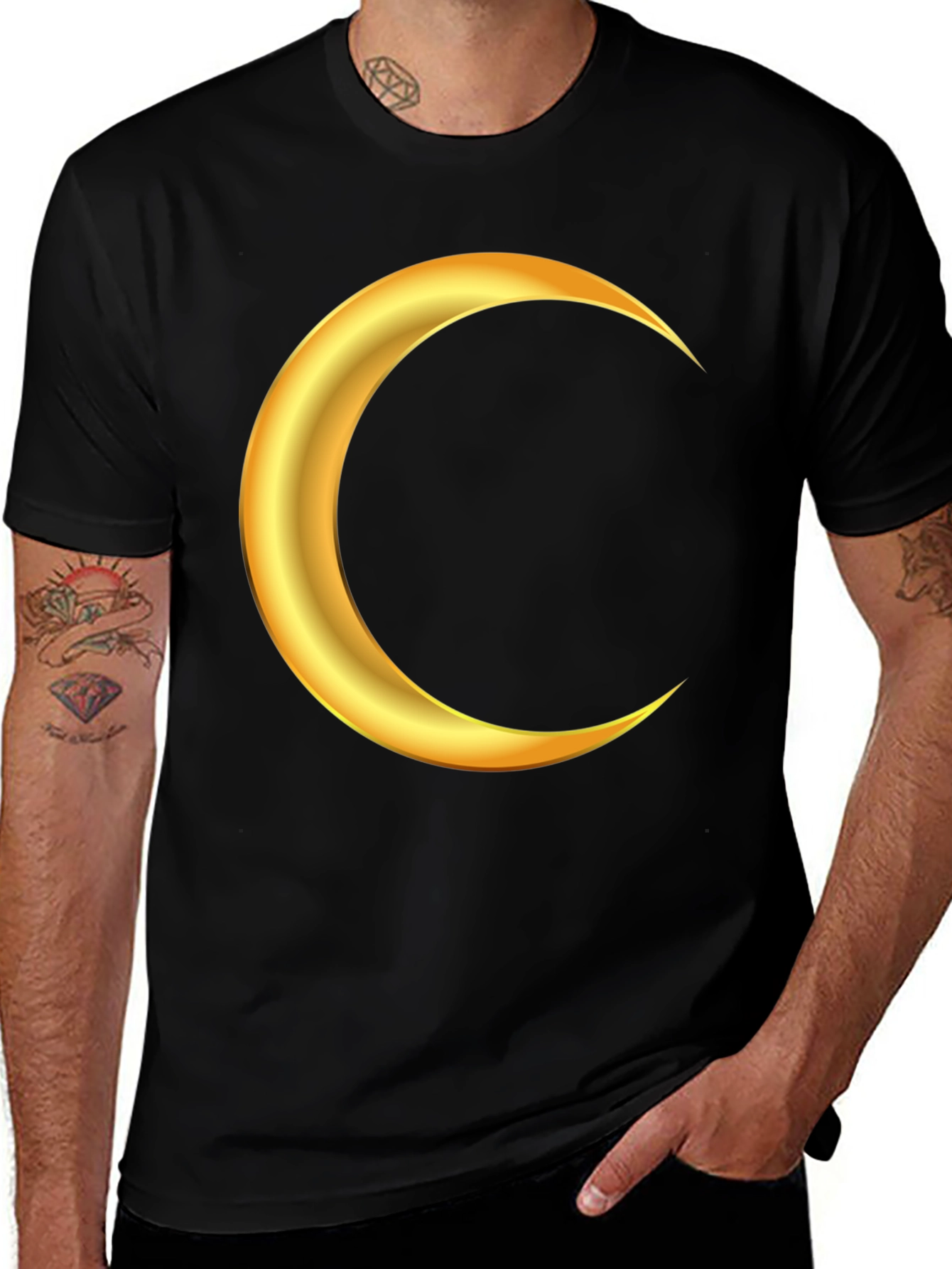 Golden Crescent Moon Graphic Black T-Shirt