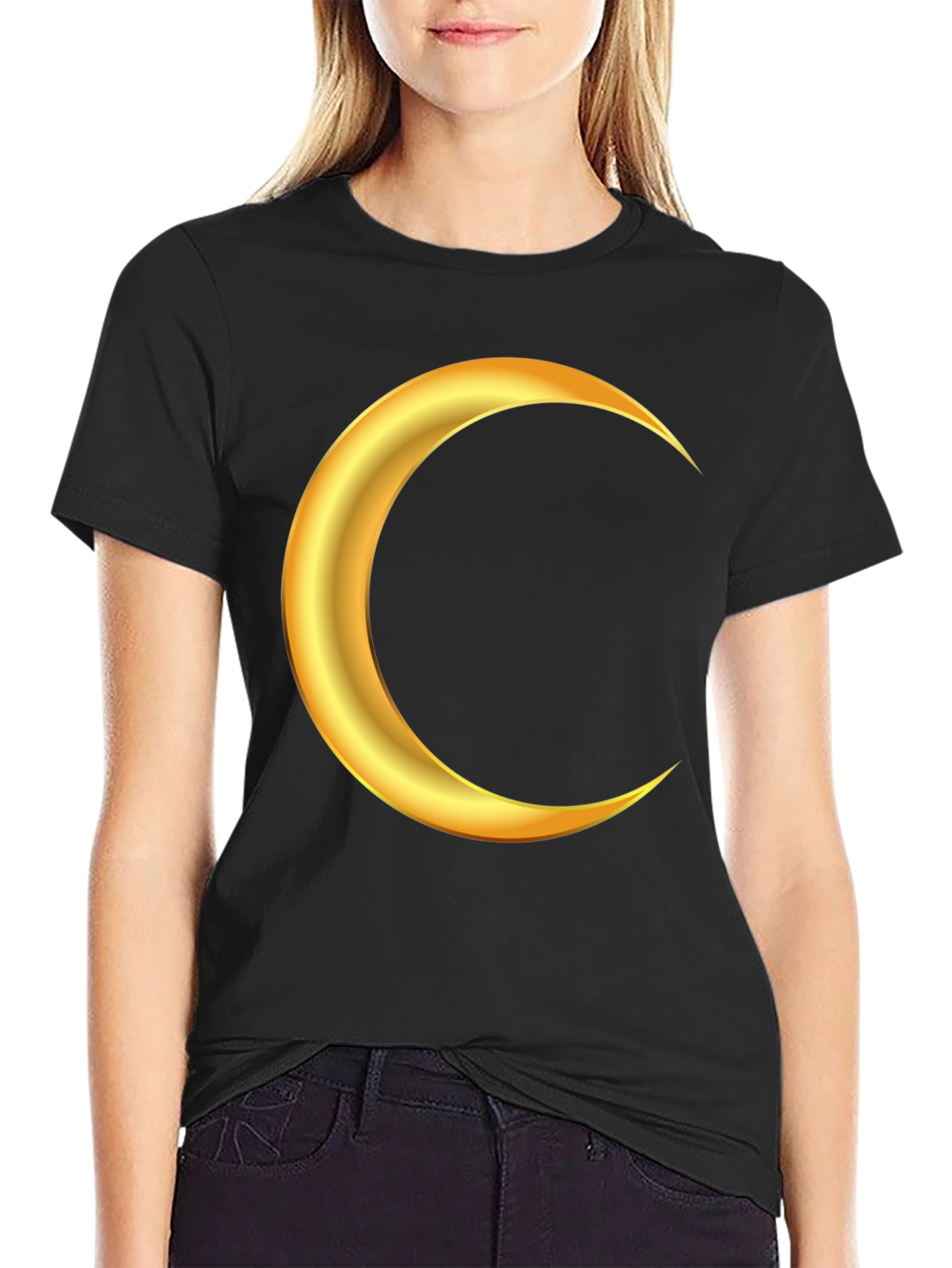 Golden Crescent Moon Graphic Black T-Shirt